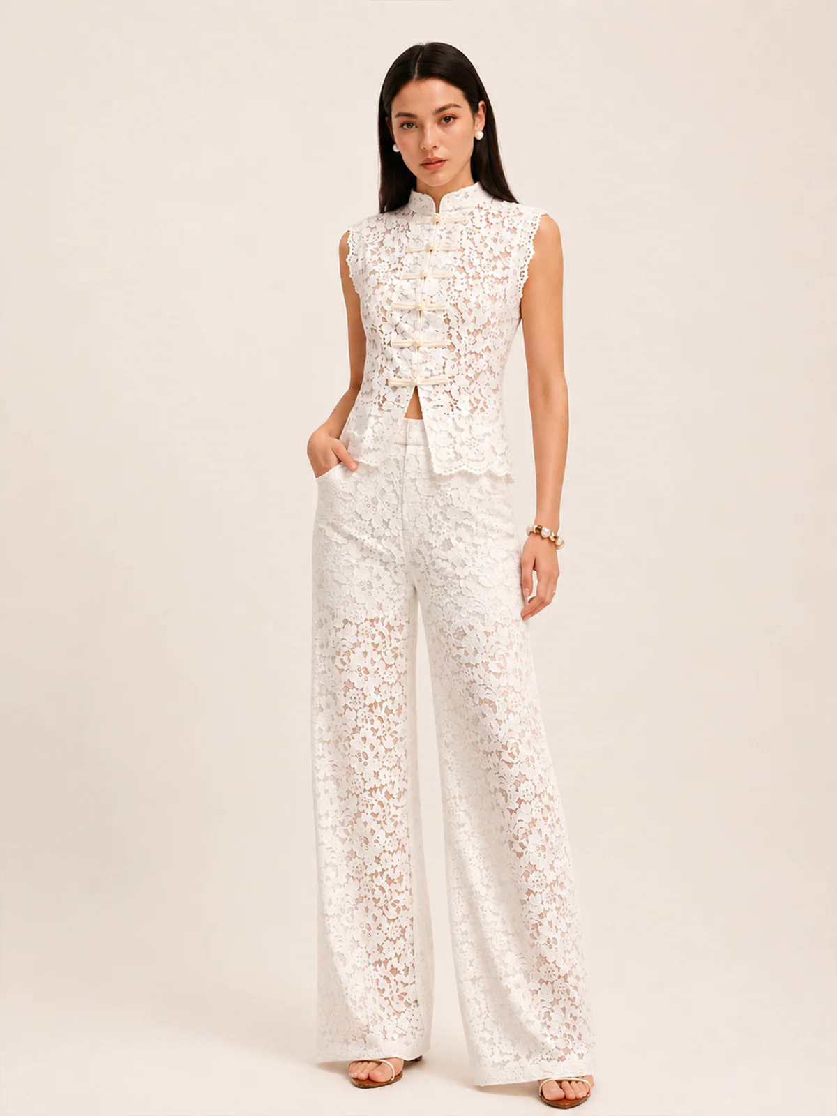 Frog Button Mandarin Collar Lace Vest & Pants Set