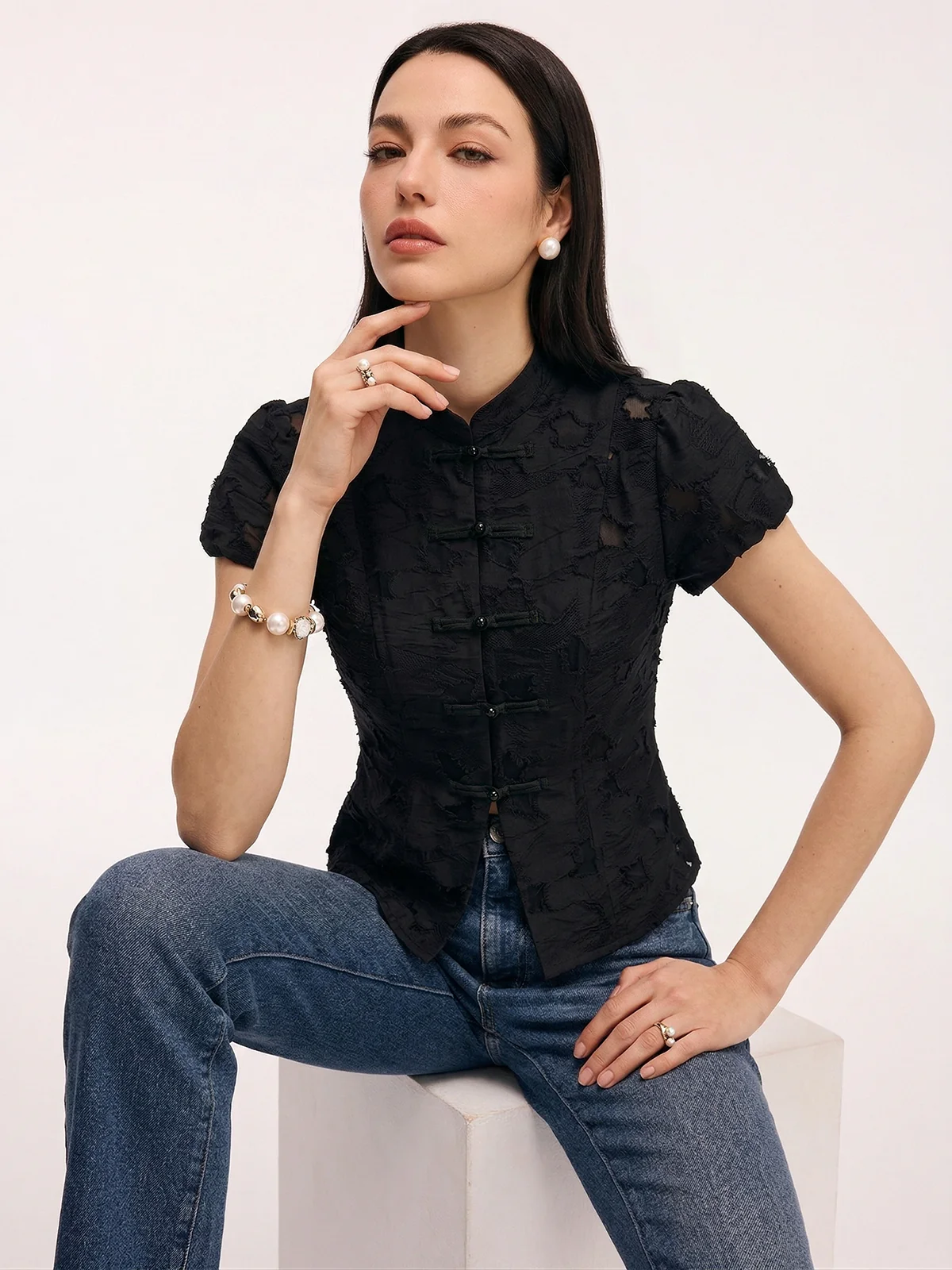 Frog Button Mandarin Collar Textured Blouse - Image 6