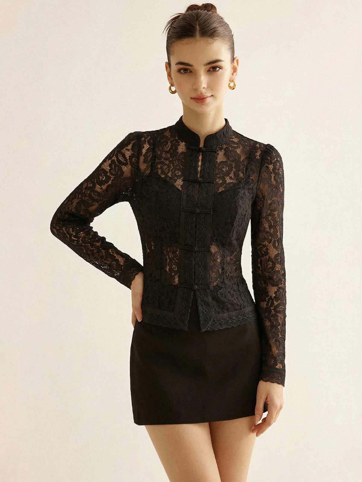 Frog Closure Lace Mandarin Collar Blouse - Image 6