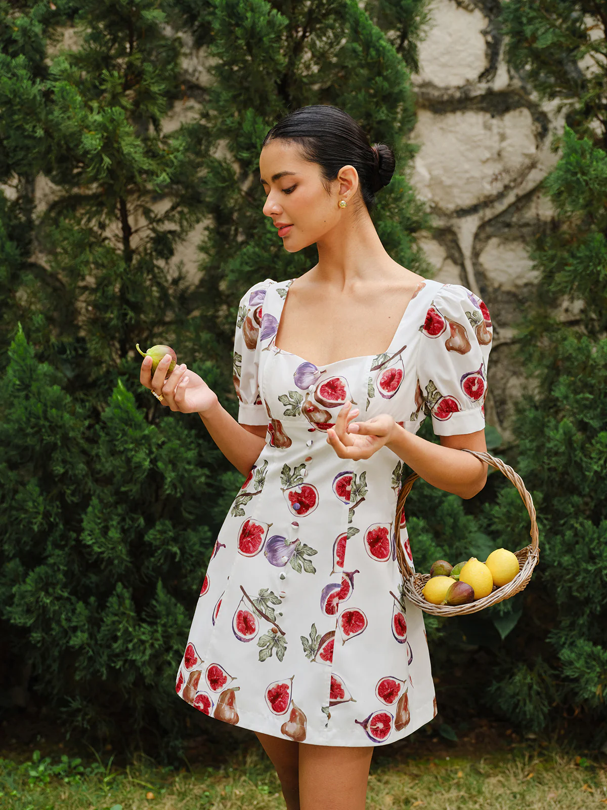 Fruit Print Button-Front Puff Sleeve Dress - Image 3