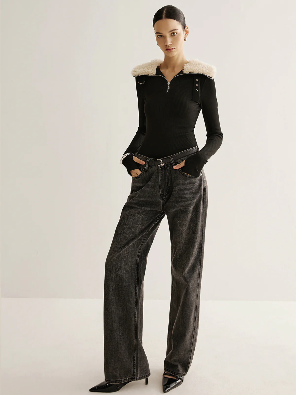 Fuzzy Collar Belt-Design Zipper Blouse - Image 6