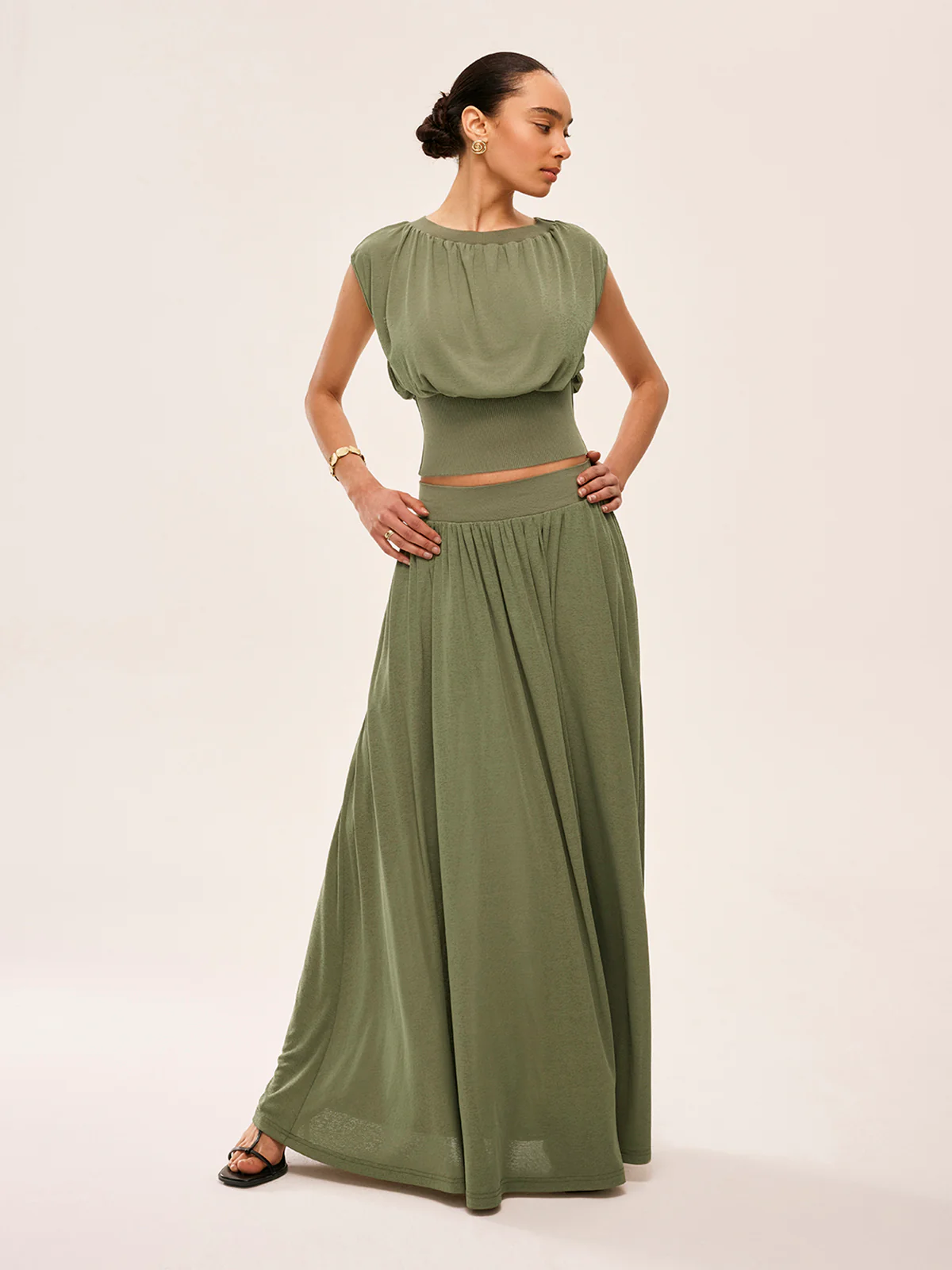 Gathered Waist Top With Flowy Skirt Set
