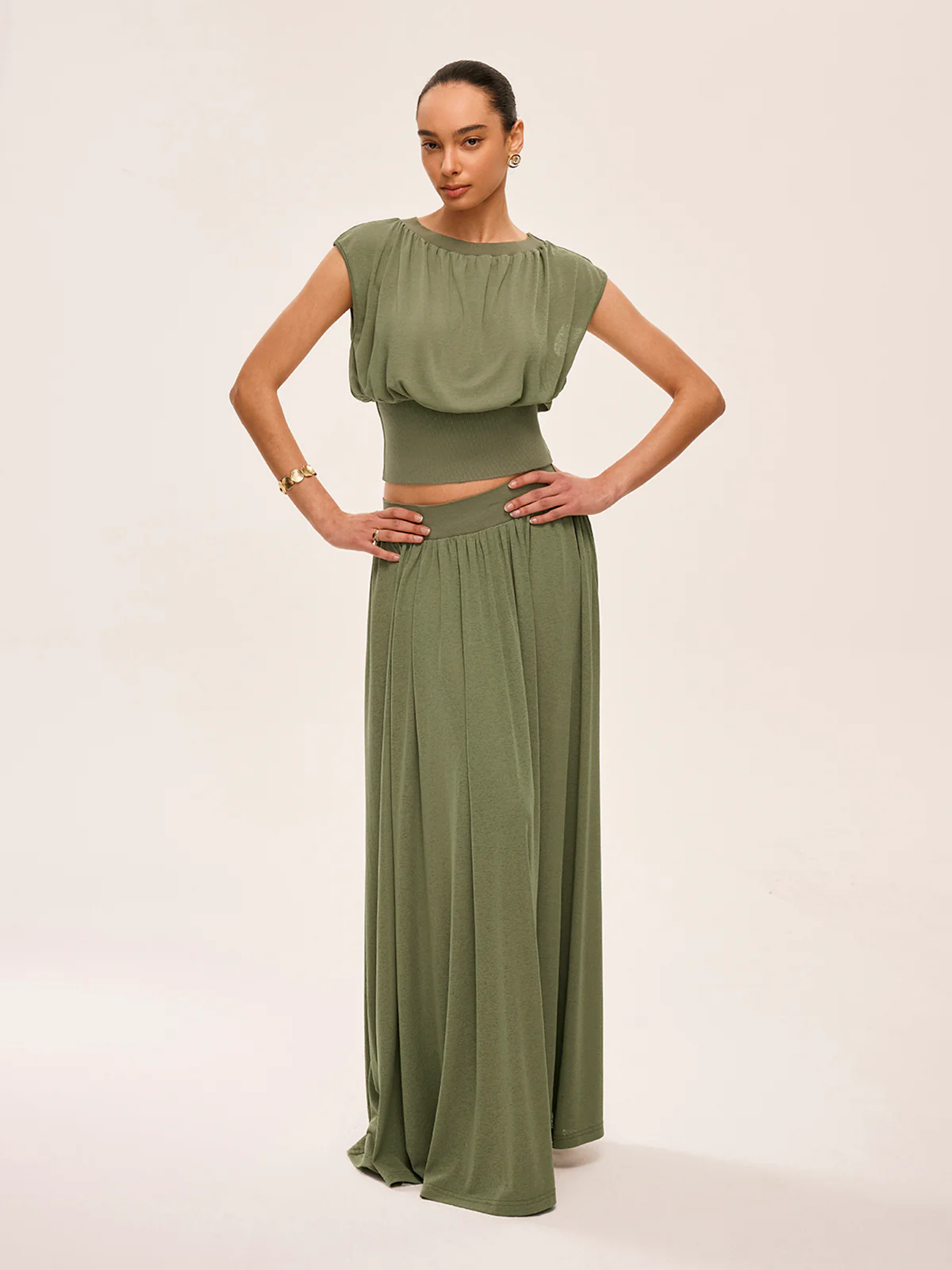Gathered Waist Top With Flowy Skirt Set - Image 2