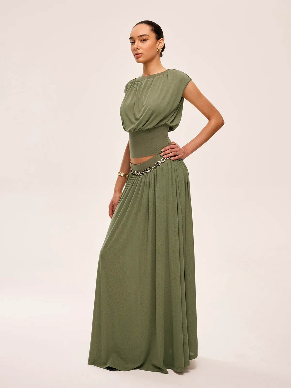 Gathered Waist Top With Flowy Skirt Set - Image 5