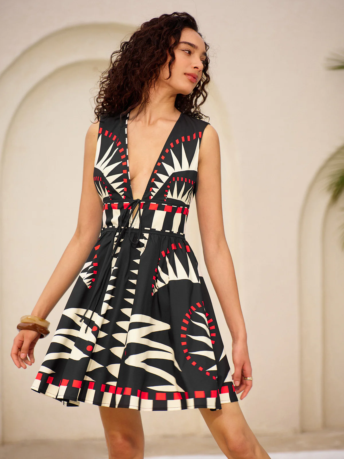 Geometric Graphic V-Neck Tie-Waist Zipper Sleeveless Dress - Image 3
