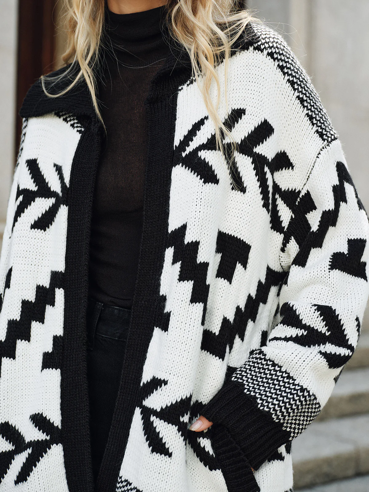 Geometric Pattern Collared Knit Cardigan without Belt - Image 5