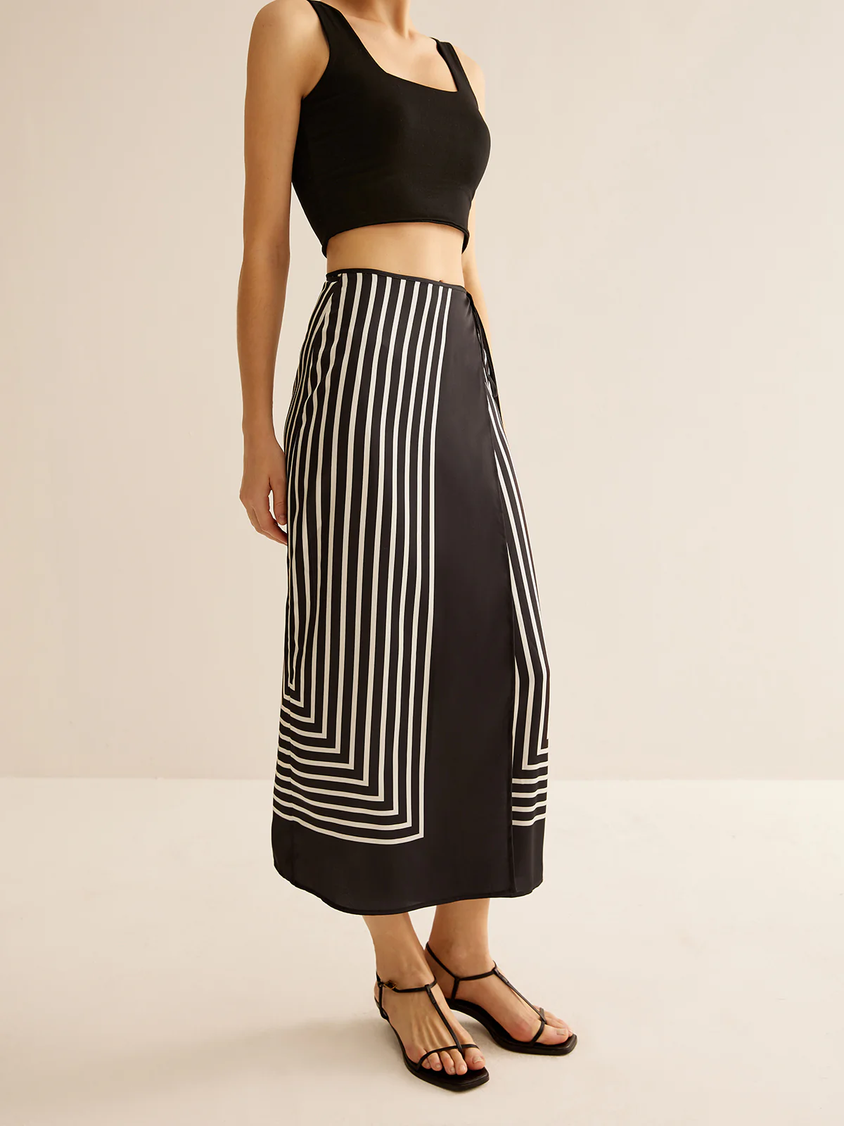 Geometric Pinstripe Satin Wrap Tie Skirt - Image 3