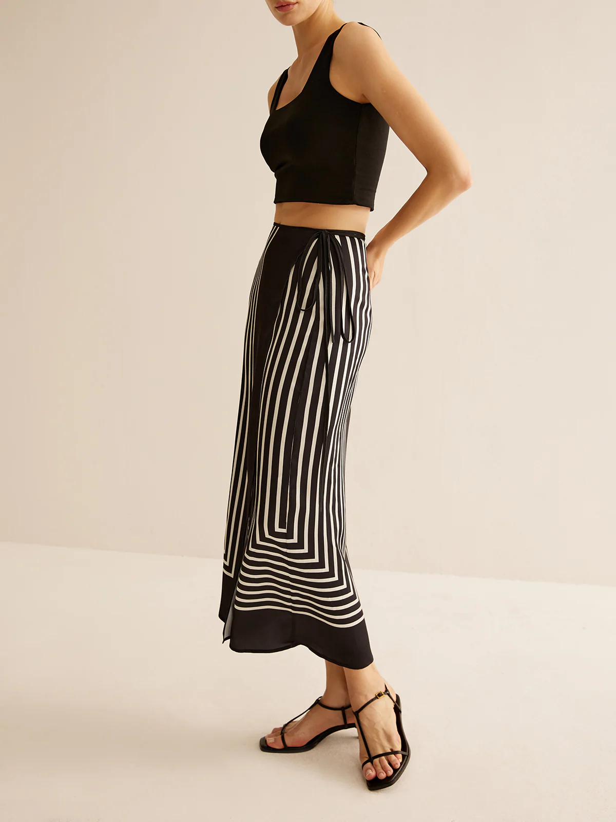 Geometric Pinstripe Satin Wrap Tie Skirt - Image 6