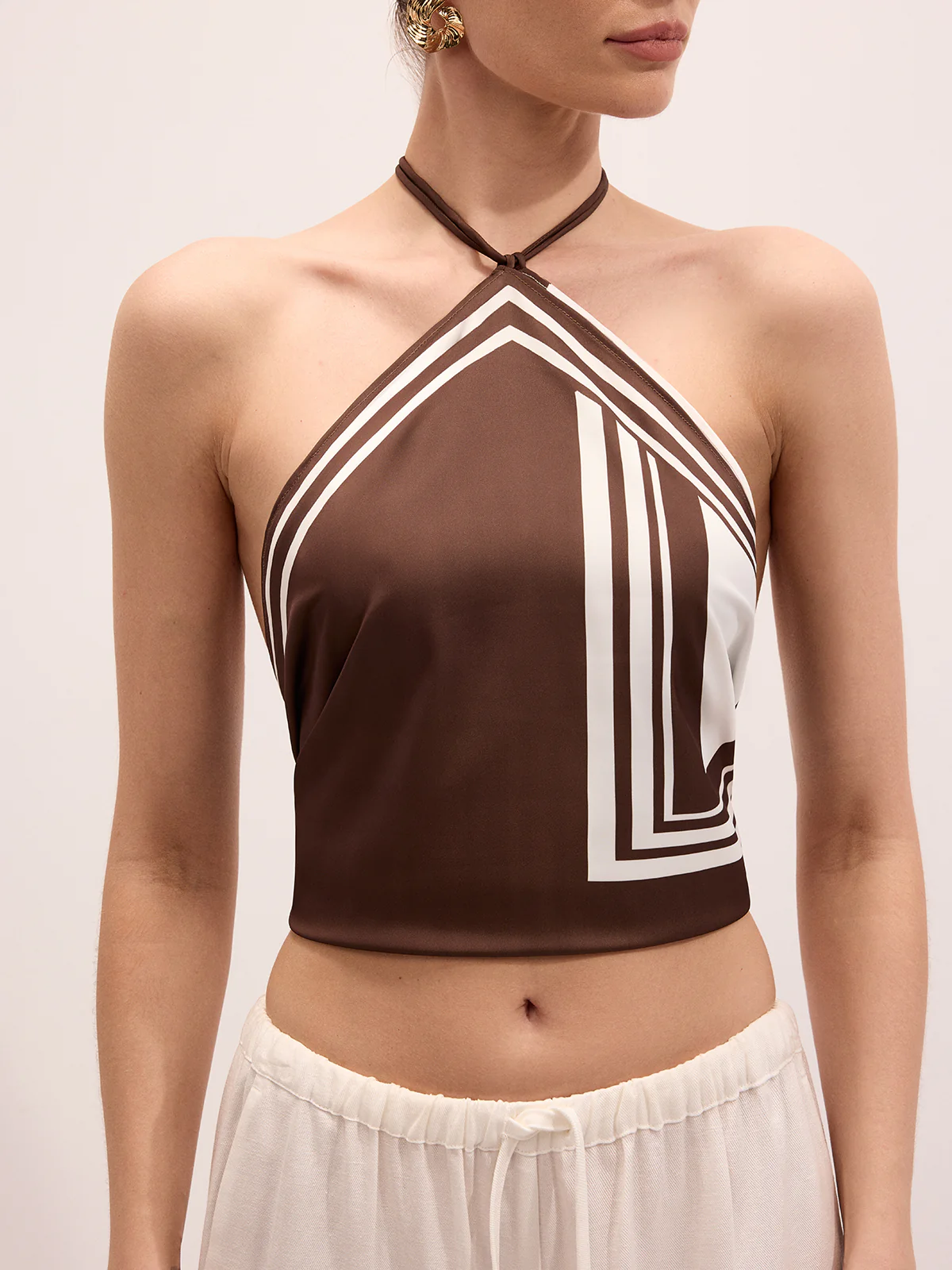 Geometric Print Cropped Halter Tank Top - Image 5