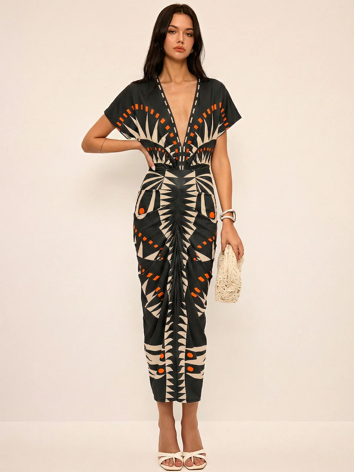 Geometric Print Deep V-Neck Midi Dress - Image 6