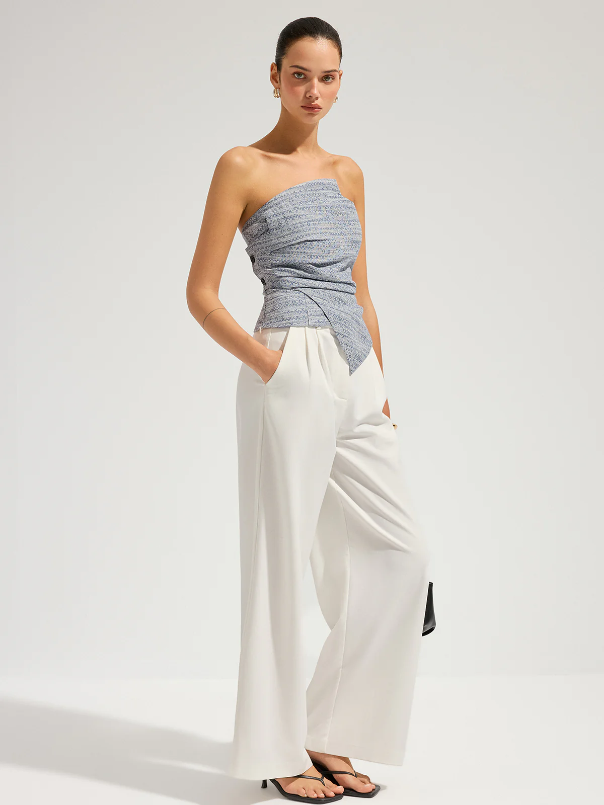 Geometric Print Strapless Ruched Top - Image 3