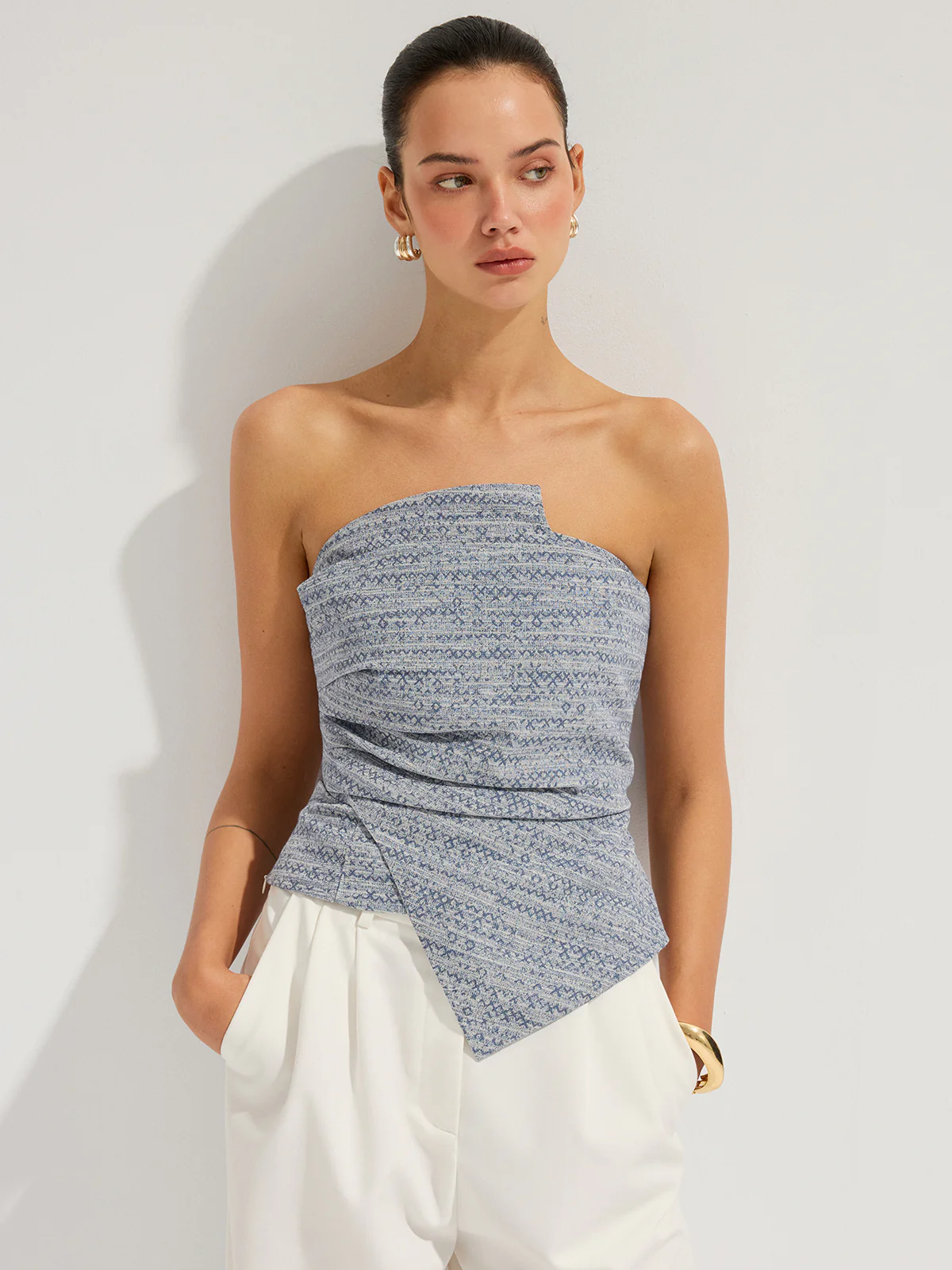 Geometric Print Strapless Ruched Top - Image 4
