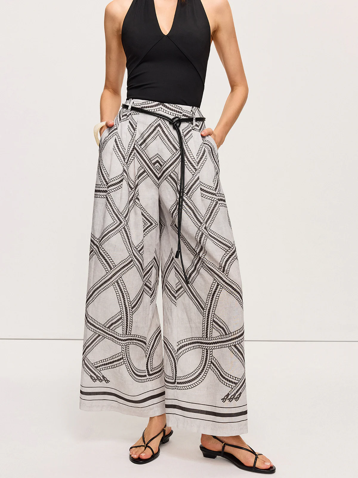 Geometric Print Belted Wide-Leg Pants - Image 3