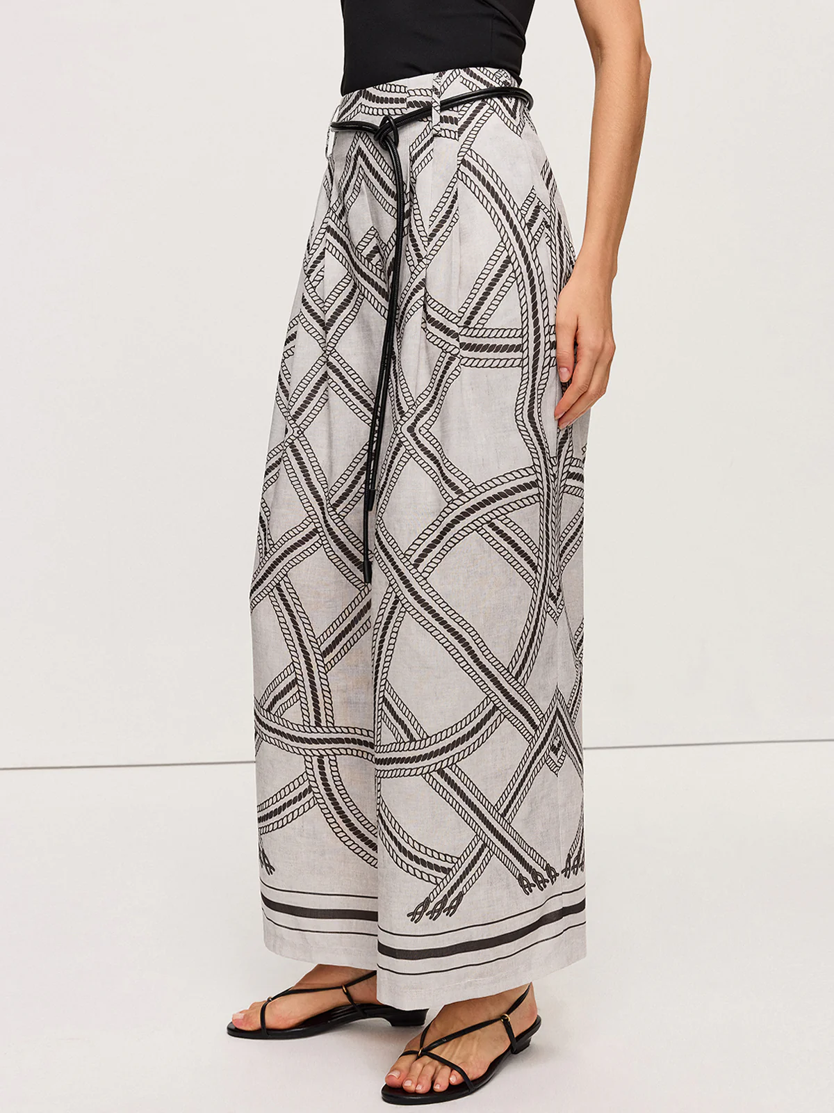 Geometric Print Belted Wide-Leg Pants - Image 4
