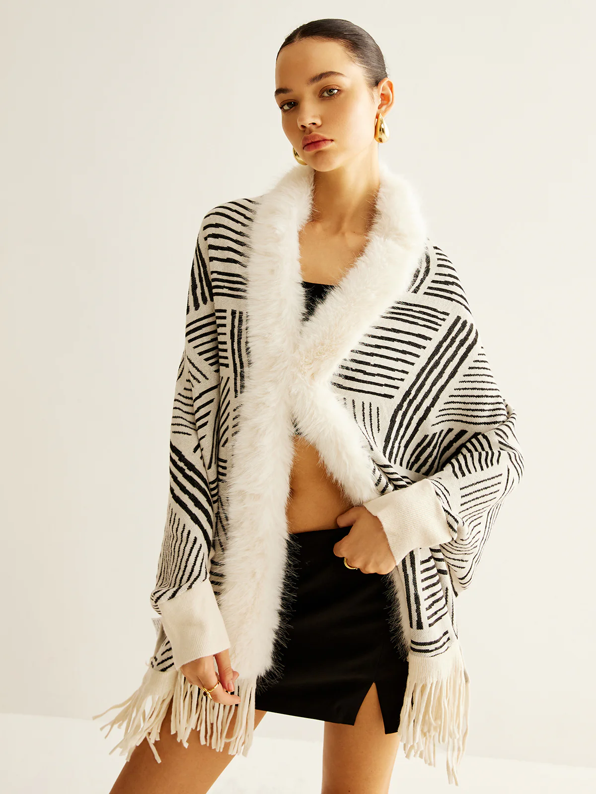 Geometric Striped Tassel Knit Minky Shawl - Image 5