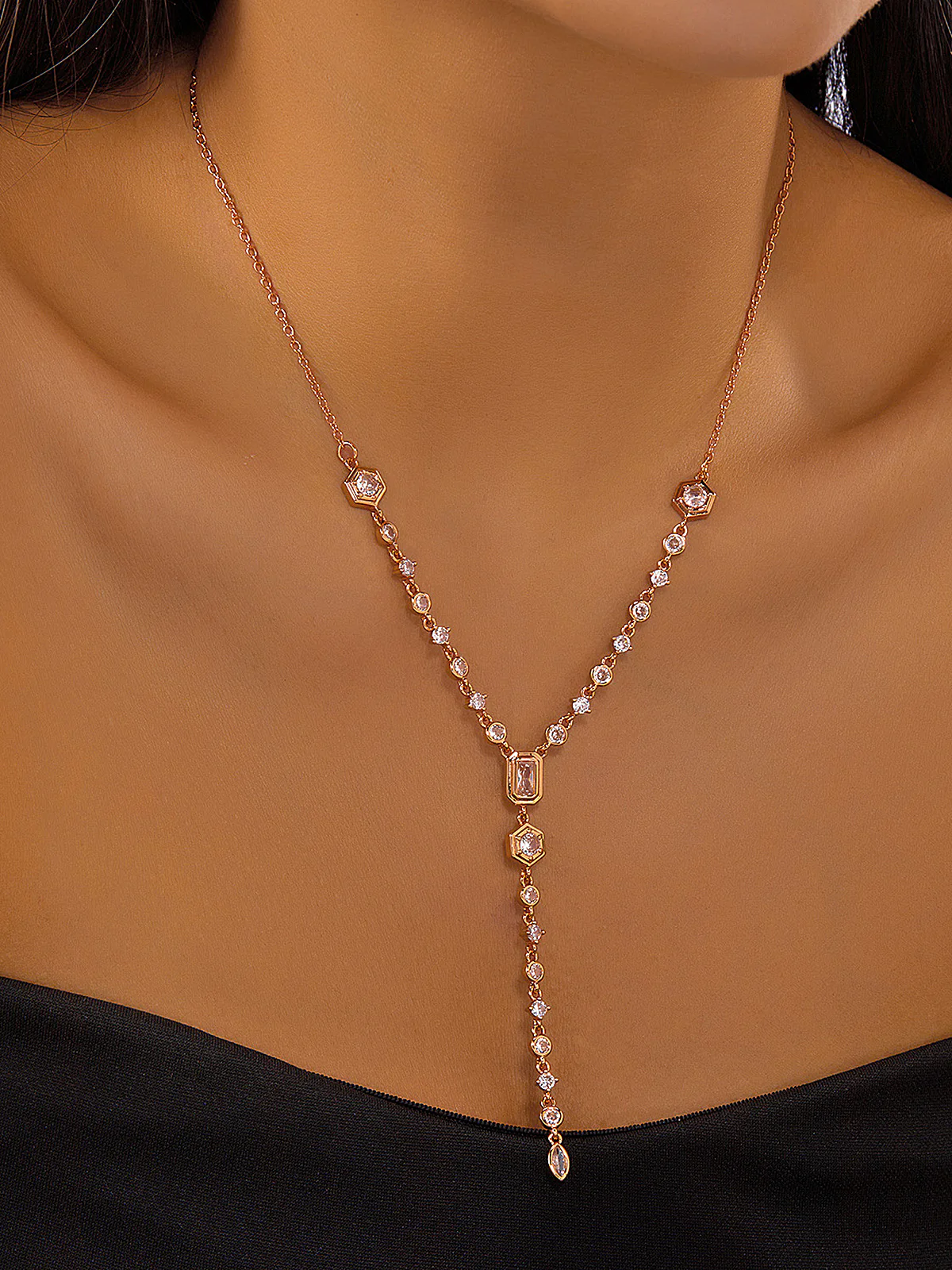 Geometric Zircon Y-Drop Lariat Necklace - Image 2