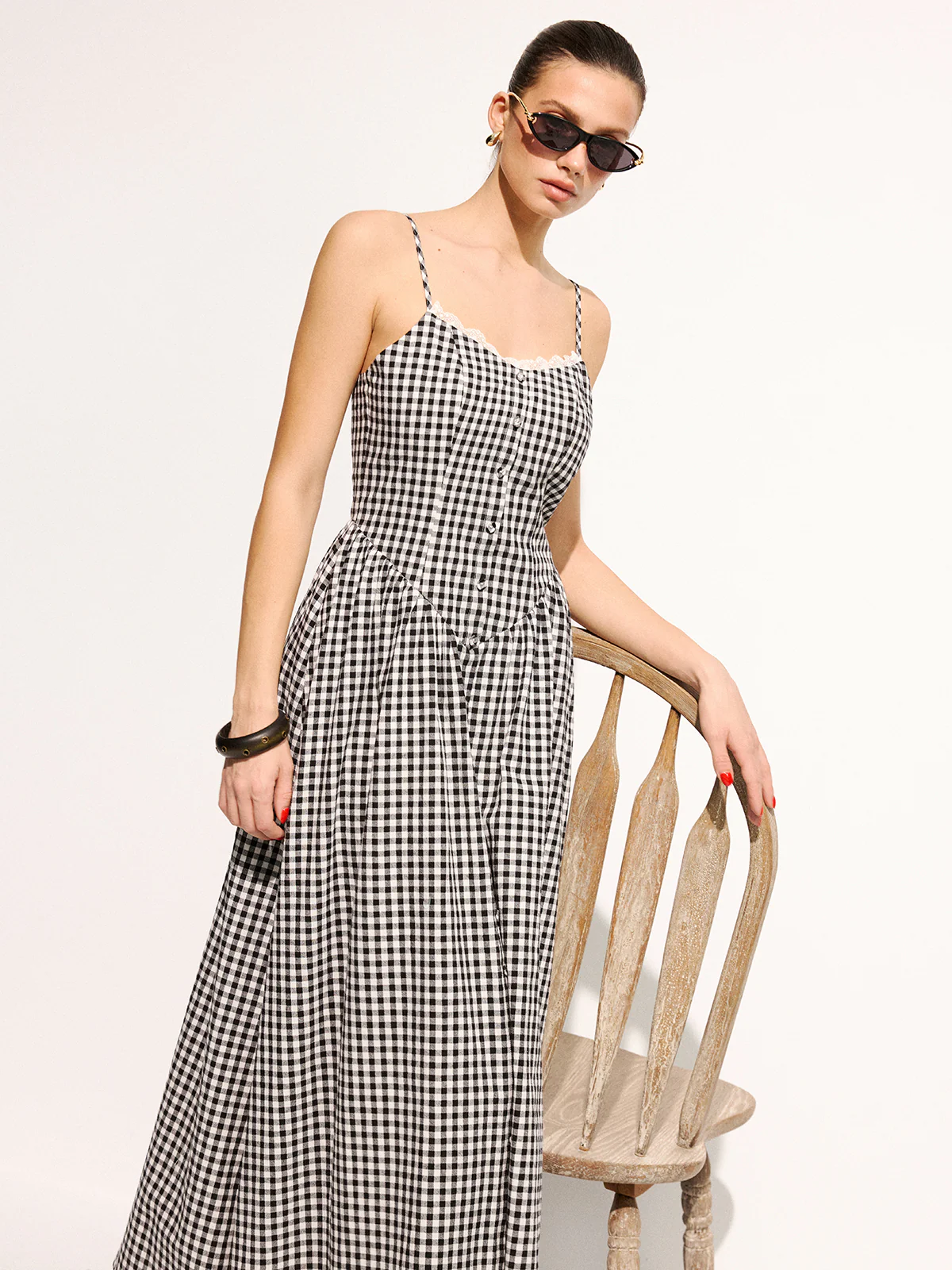 Gingham Cotton Lace Trim Cami Midi Dress