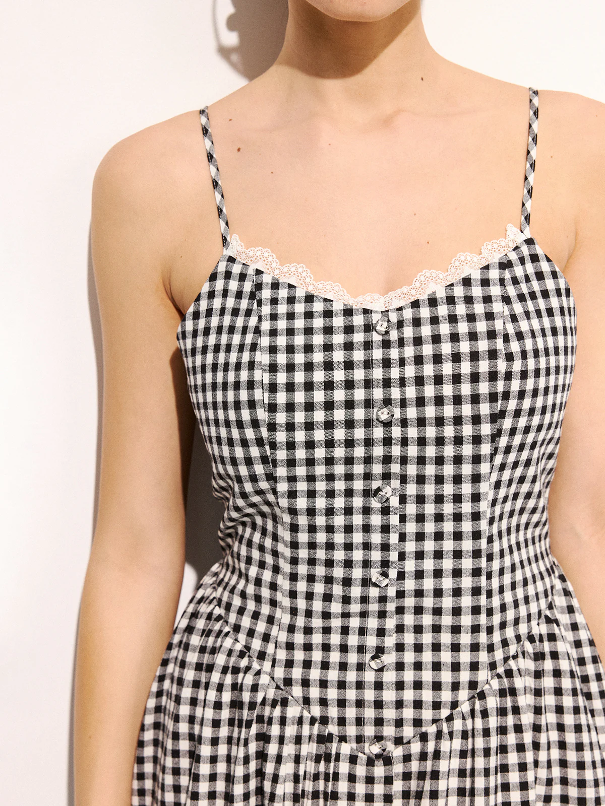 Gingham Cotton Lace Trim Cami Midi Dress - Image 2