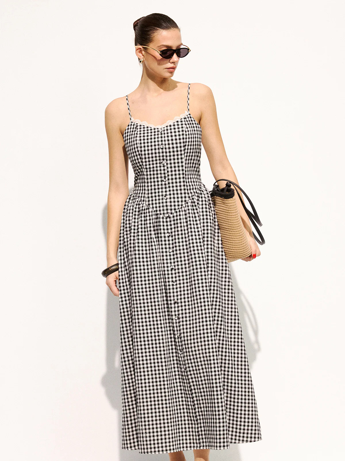 Gingham Cotton Lace Trim Cami Midi Dress - Image 3