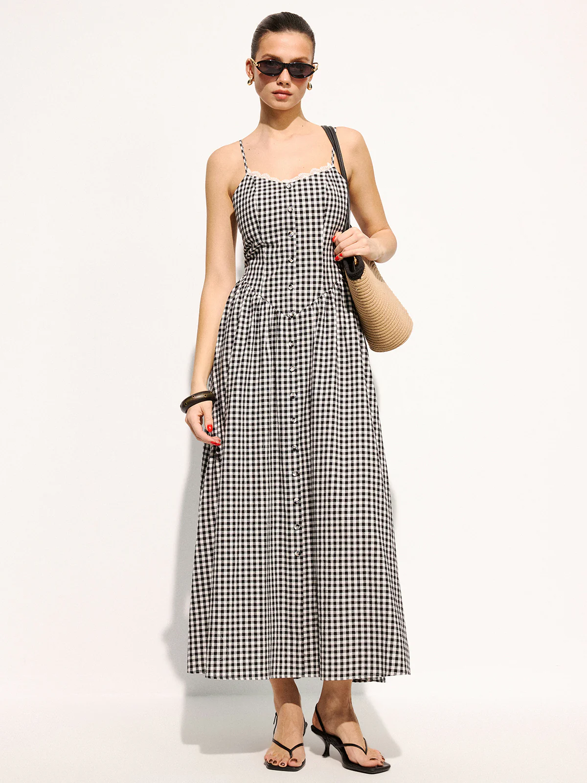Gingham Cotton Lace Trim Cami Midi Dress - Image 4
