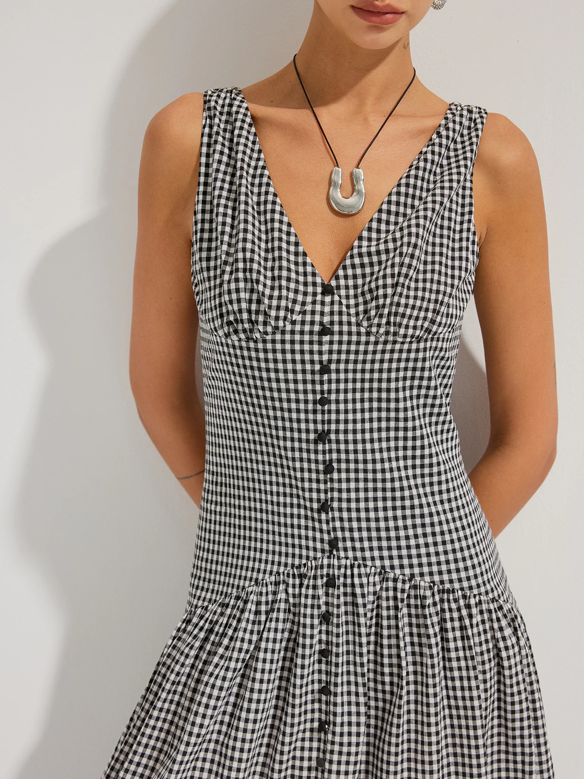 Gingham Cotton Sleeveless V-Neck Maxi Dress - Image 2
