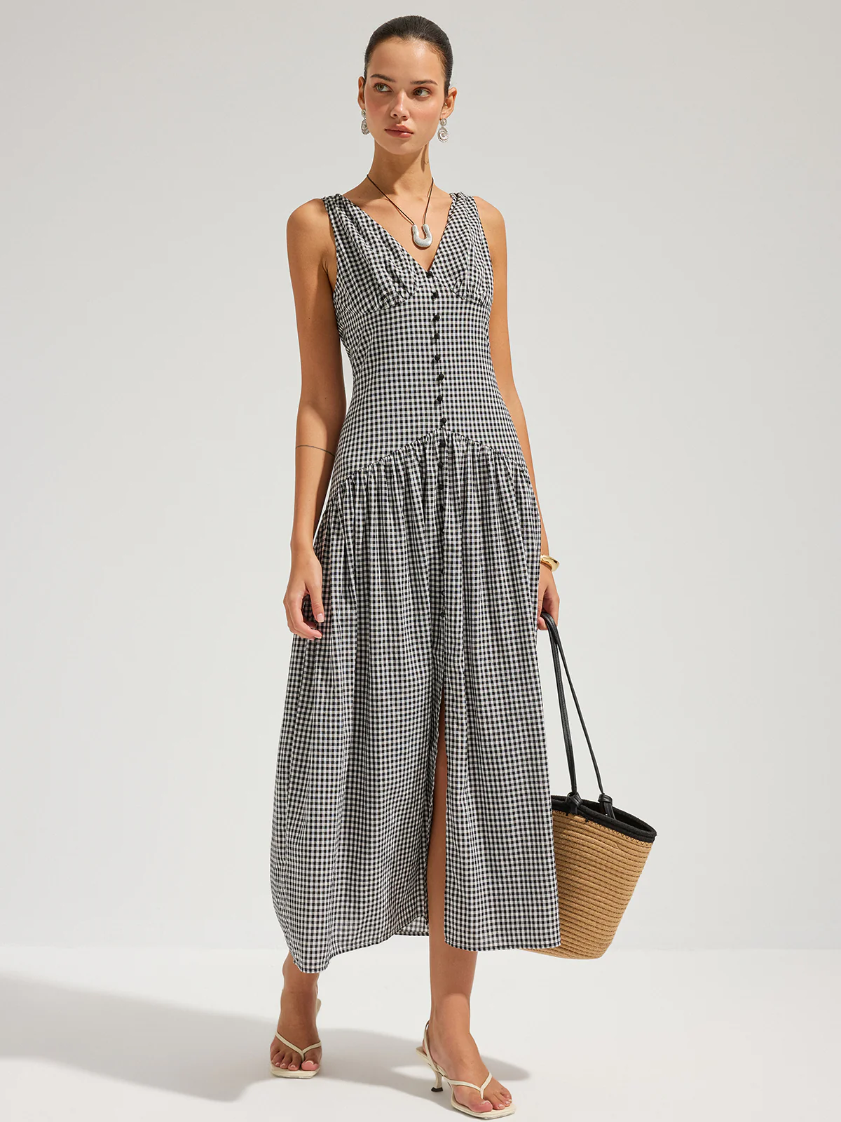 Gingham Cotton Sleeveless V-Neck Maxi Dress - Image 4