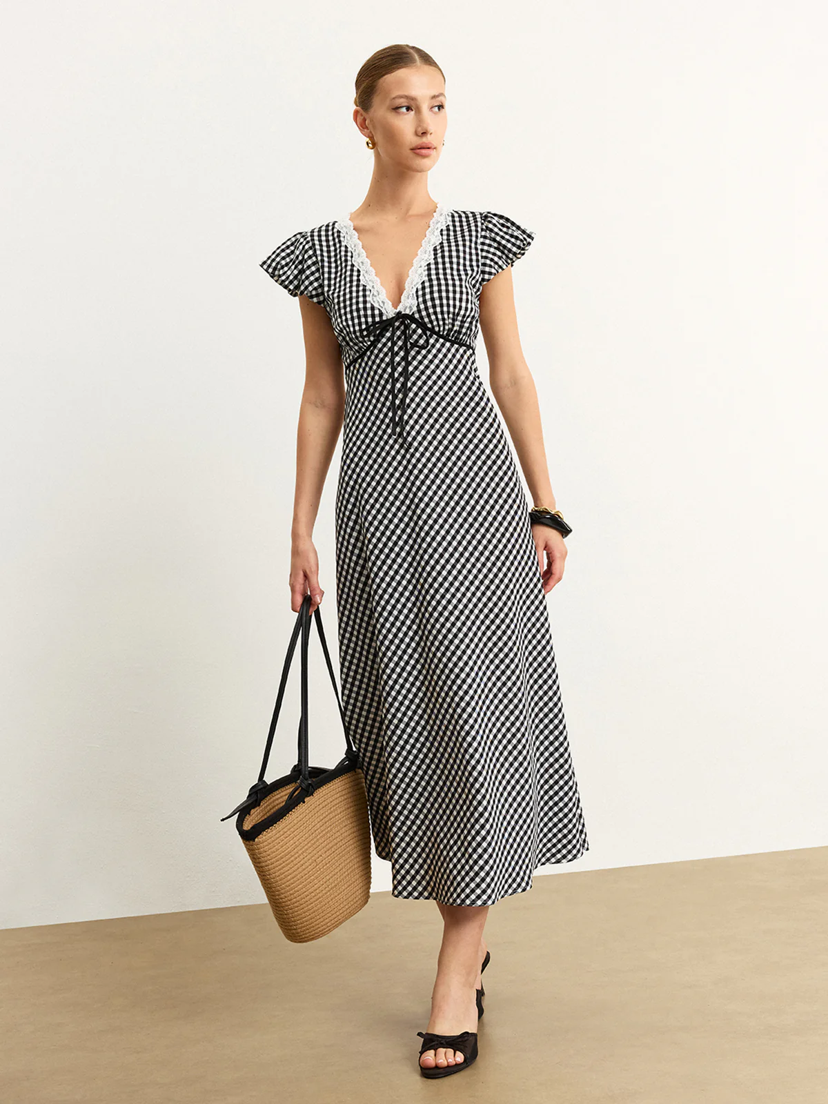 Gingham Lace-Trimmed Midi Dress - Image 5