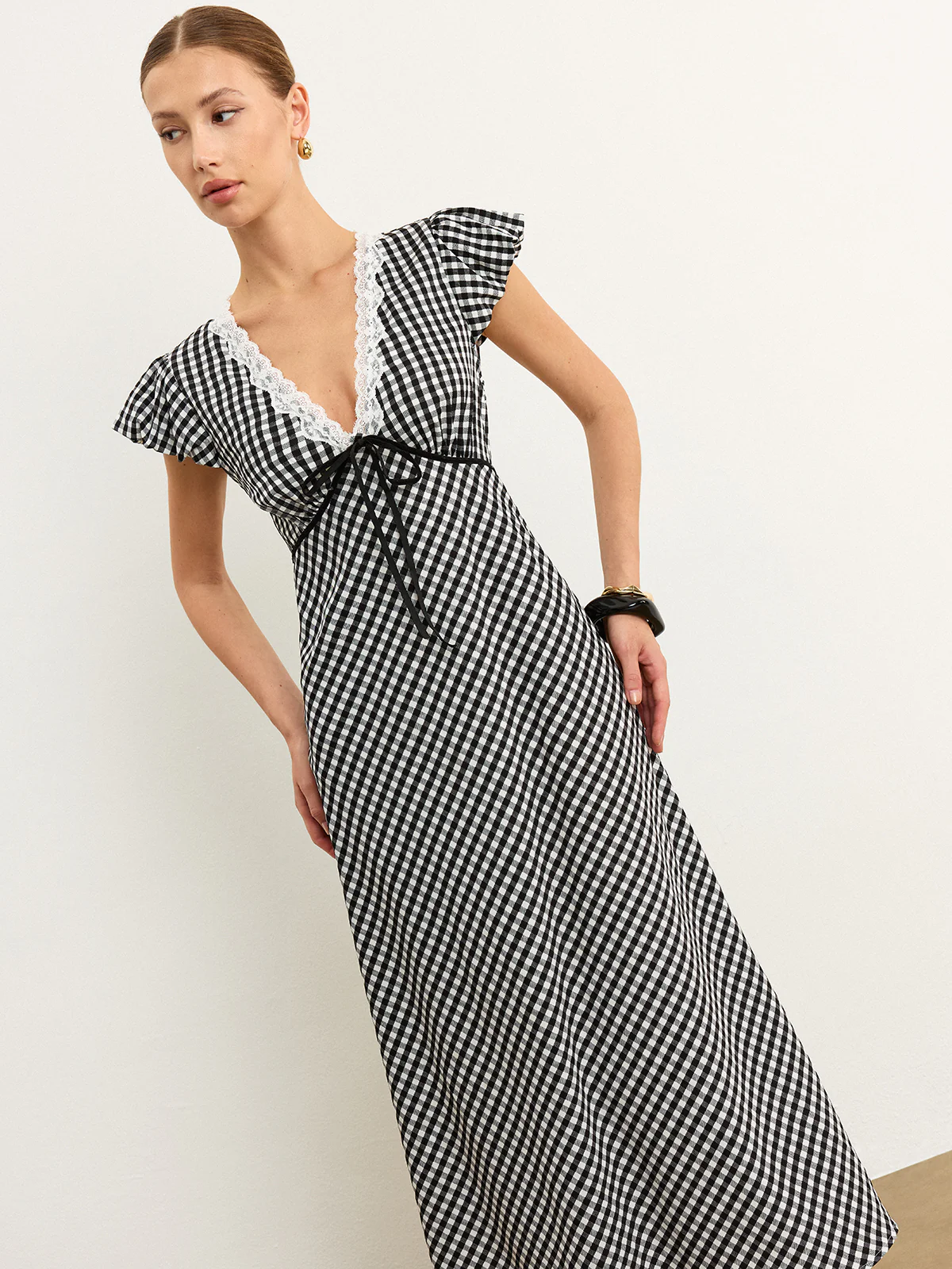 Gingham Lace-Trimmed Midi Dress - Image 6