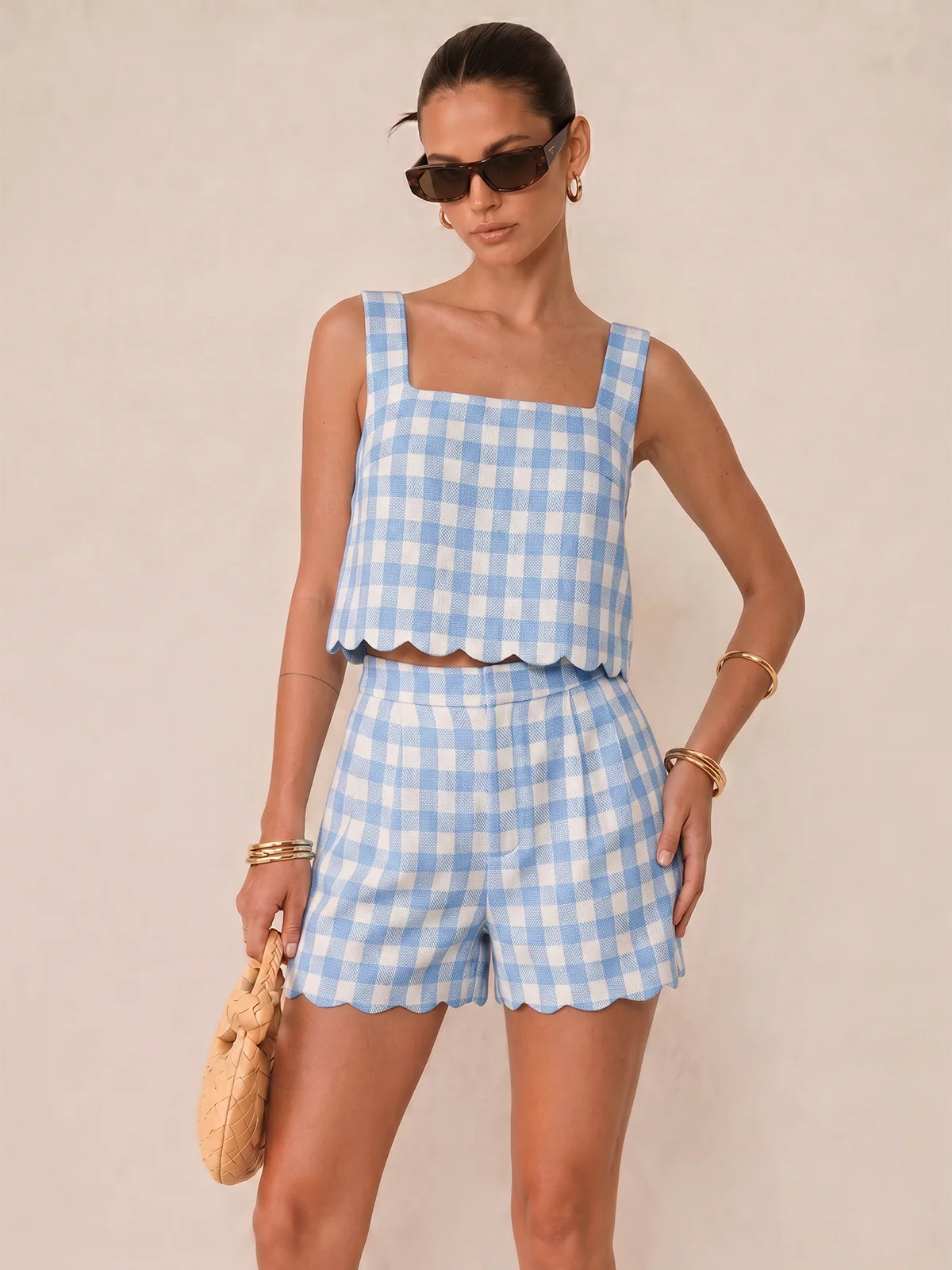 Gingham Scallop Hem Crop Top & Shorts Set - Image 9