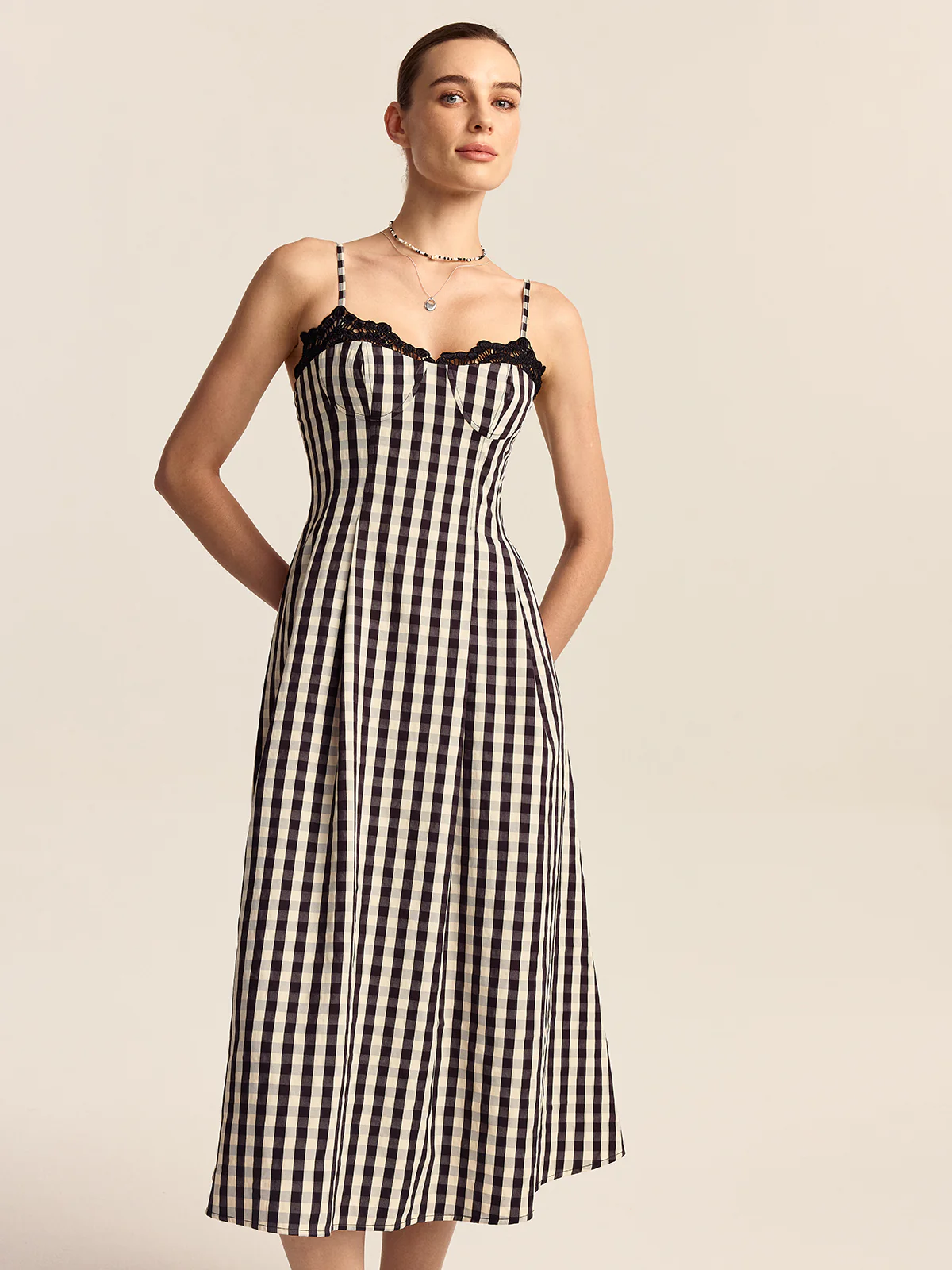 Gingham Spaghetti Strap Midi Dress with Lace Trim - Image 6