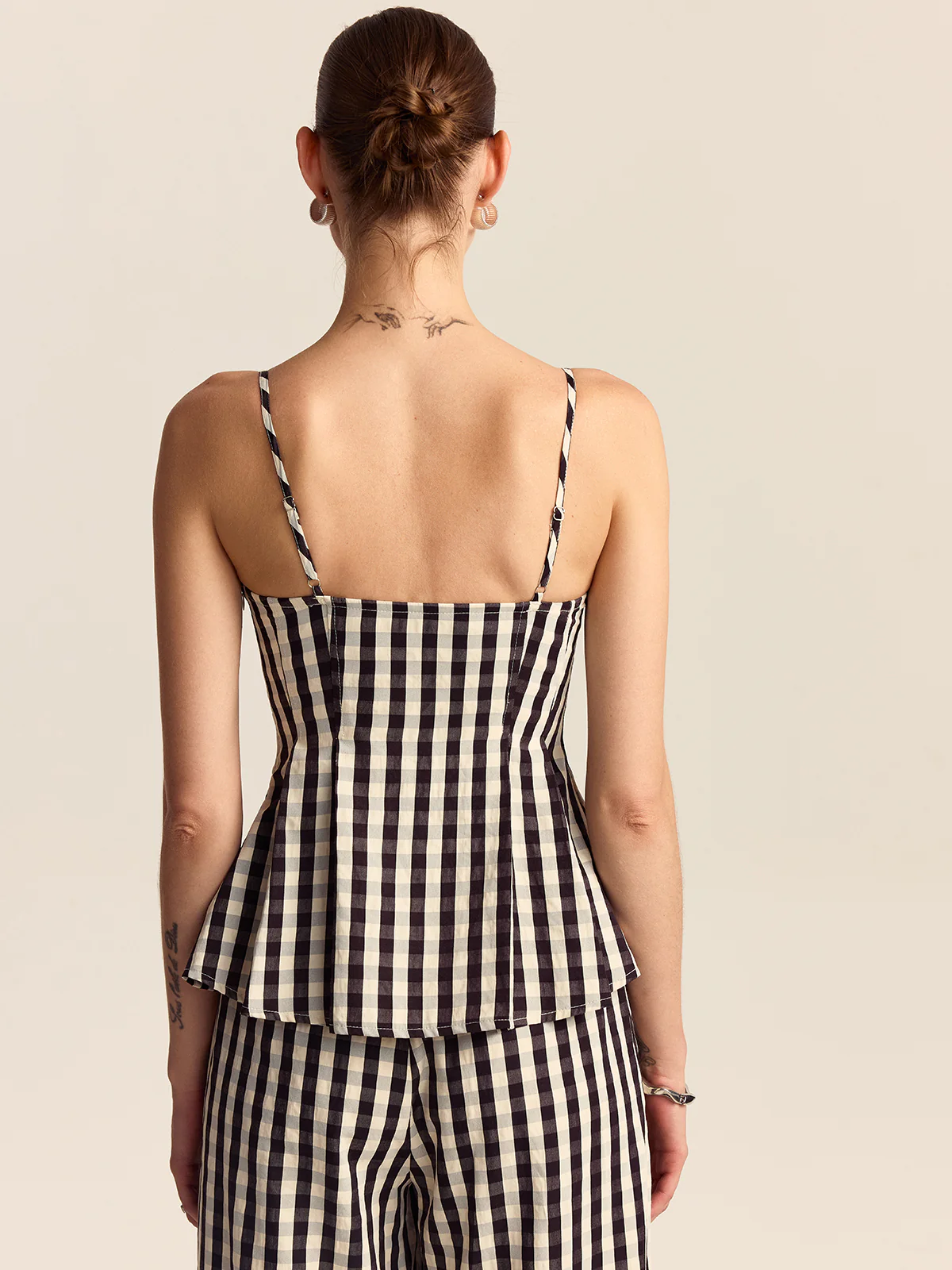 Gingham Spaghetti Strap Peplum Top with Lace Trim - Image 7