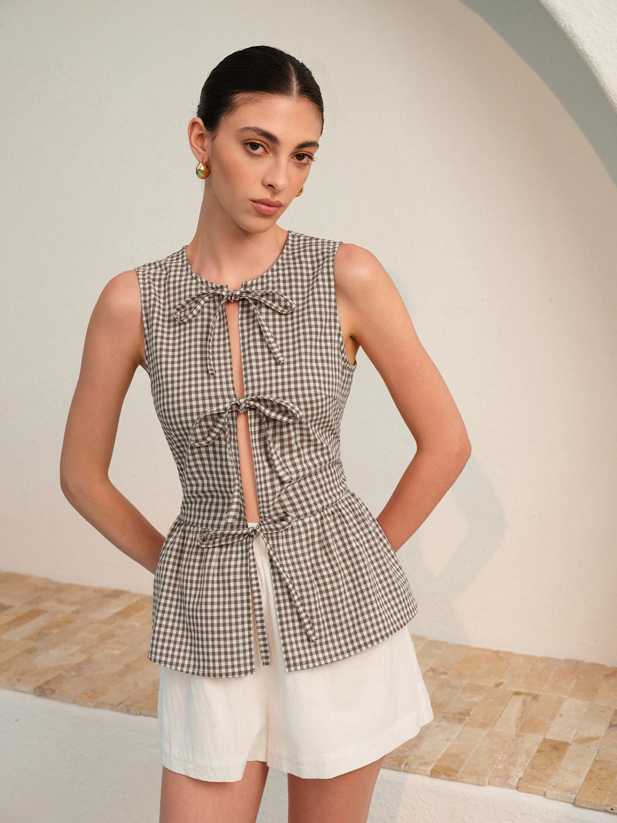 Gingham Tie-Front Peplum Top - Image 5