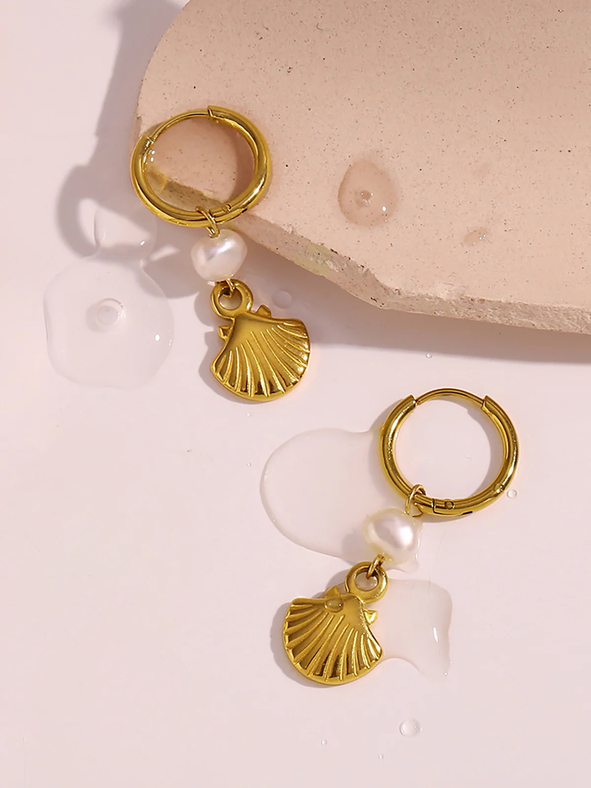 Gold-Plated Hoop Earrings with Pearl and Shell Charms - Image 3