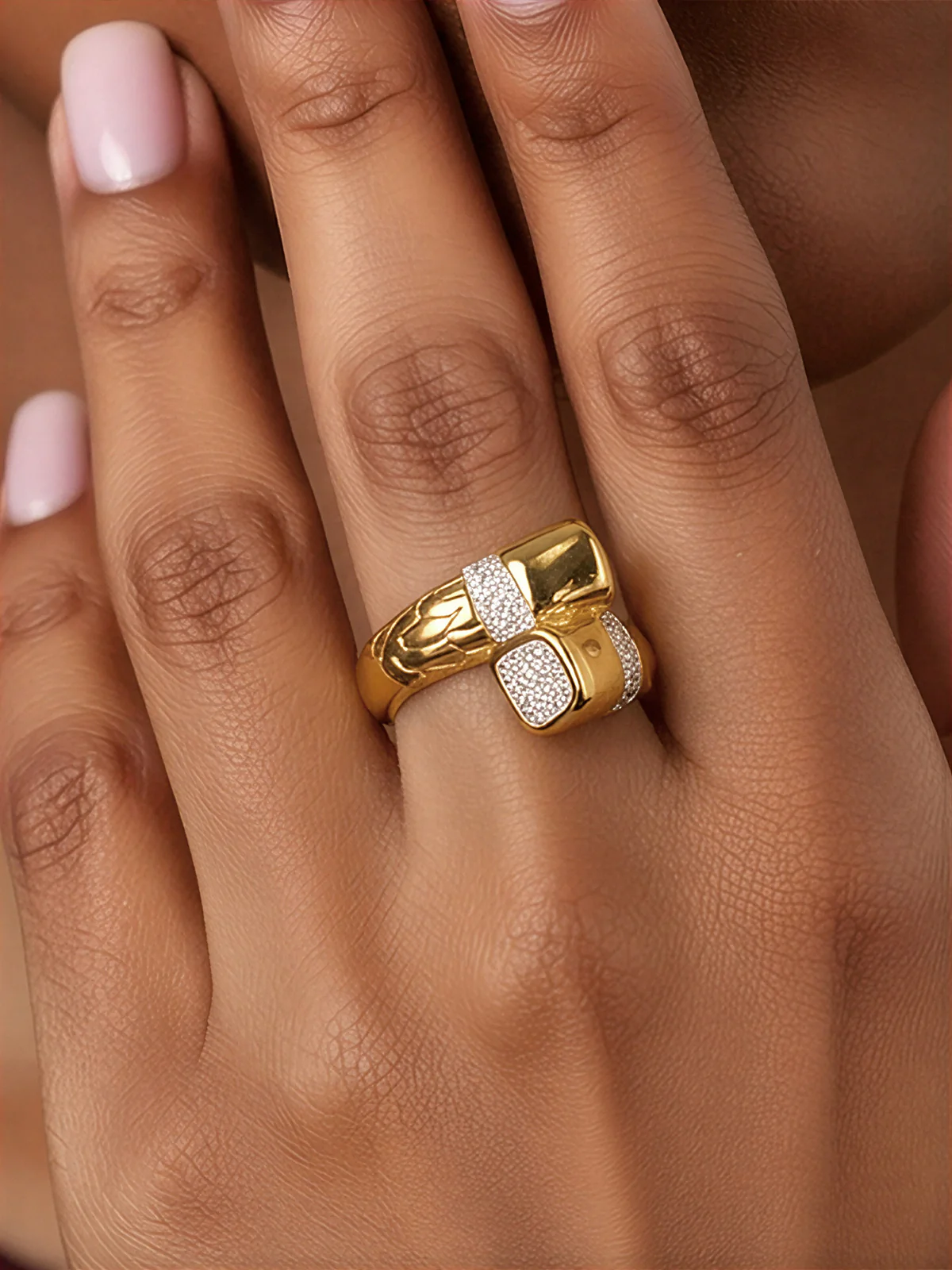 Gold Plated Pave Zircon Geometric Statement Ring