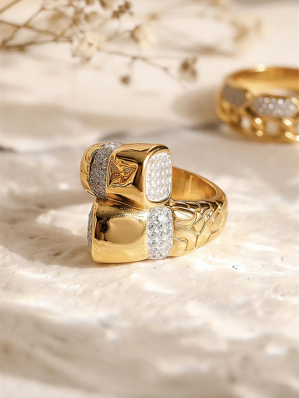 Gold Plated Pave Zircon Geometric Statement Ring - Image 2