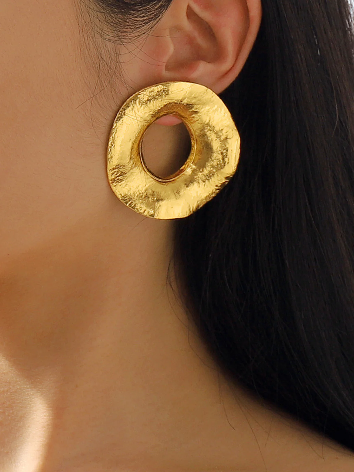 Gold Textured Metal Round Stud Earrings - Image 3