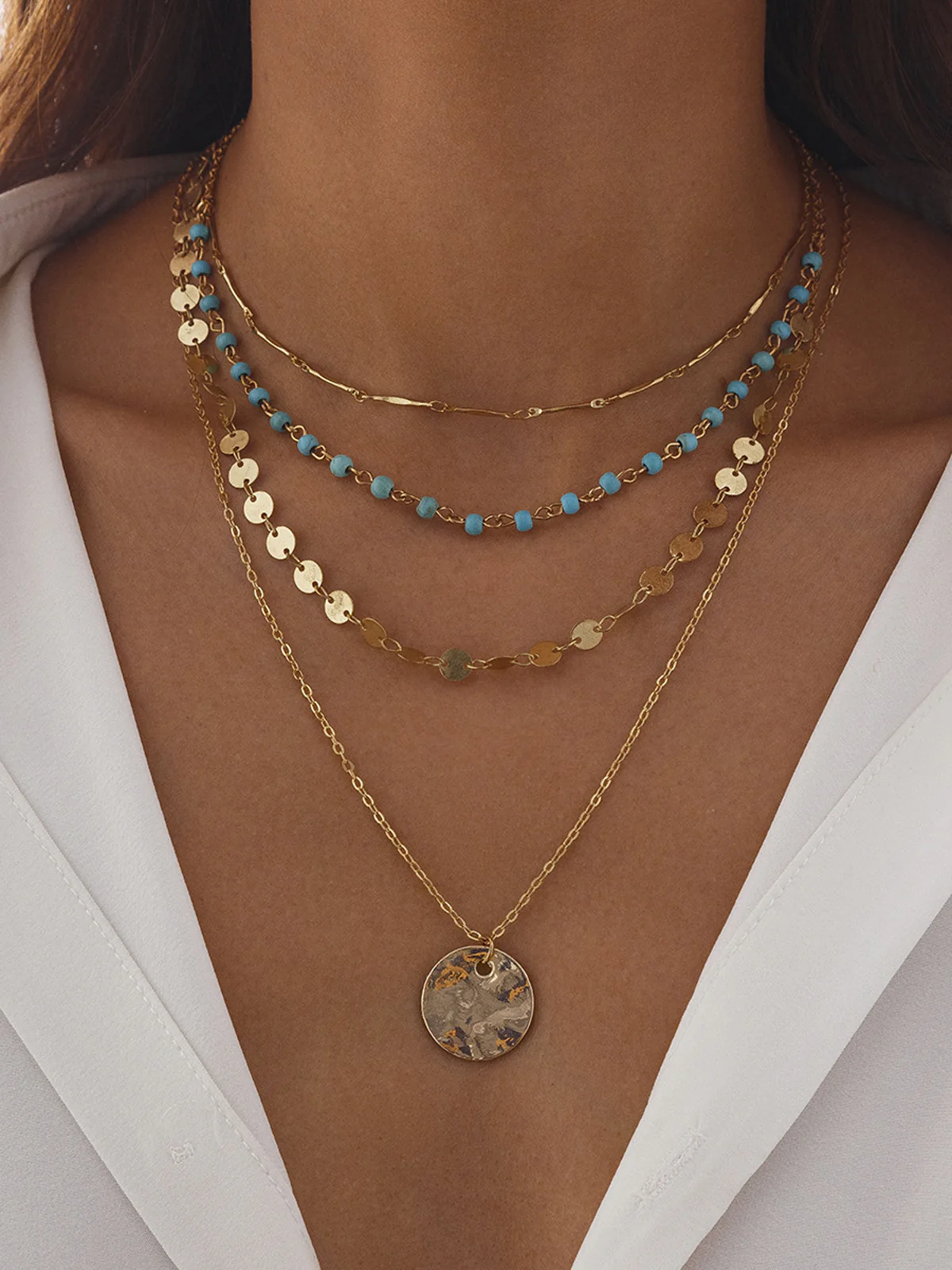 Gold-Tone Layered Necklace with Beads and Disc Pendant - Image 3