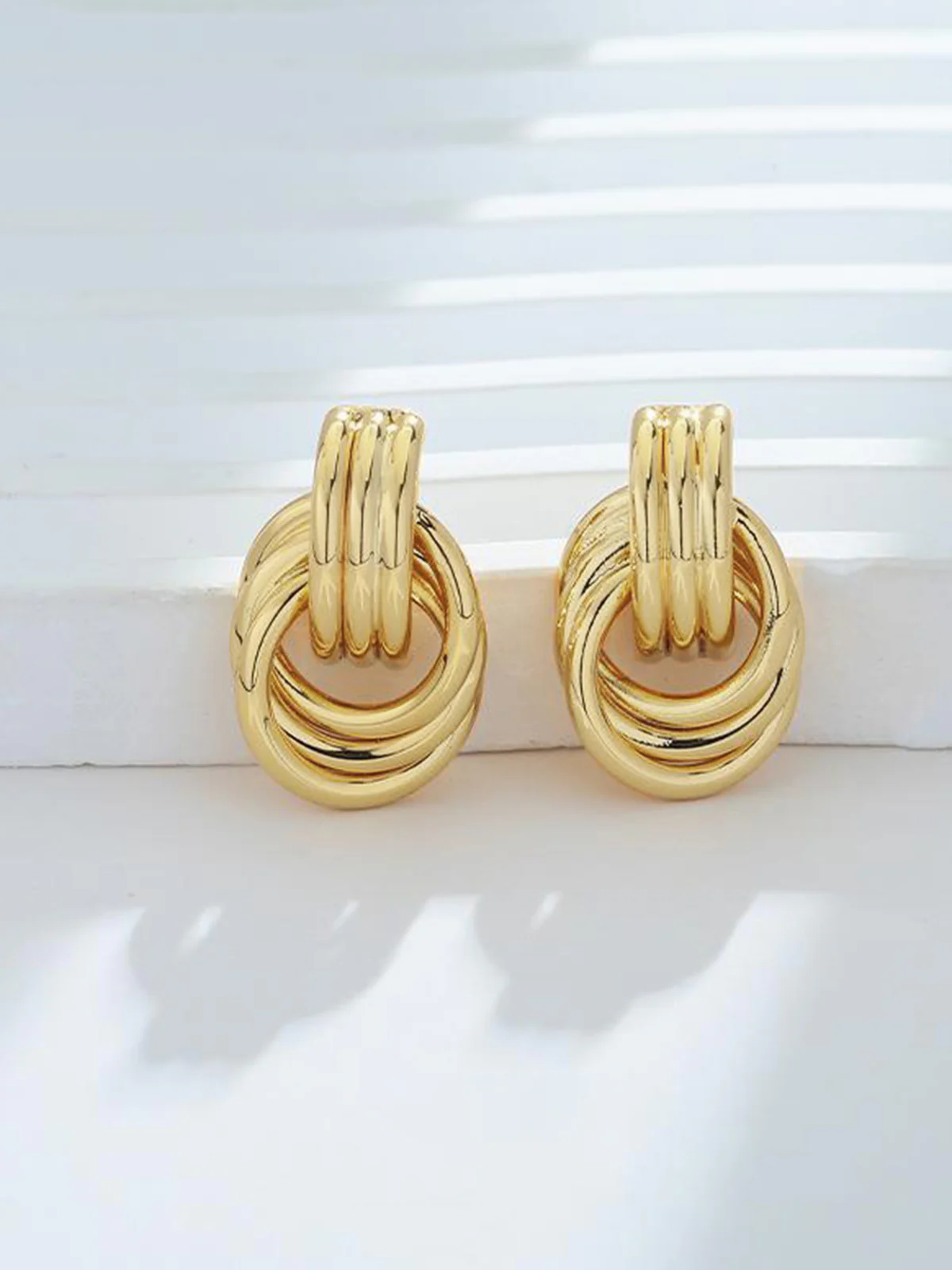 Gold Tone Multi Ring Drop Earrings - Image 3