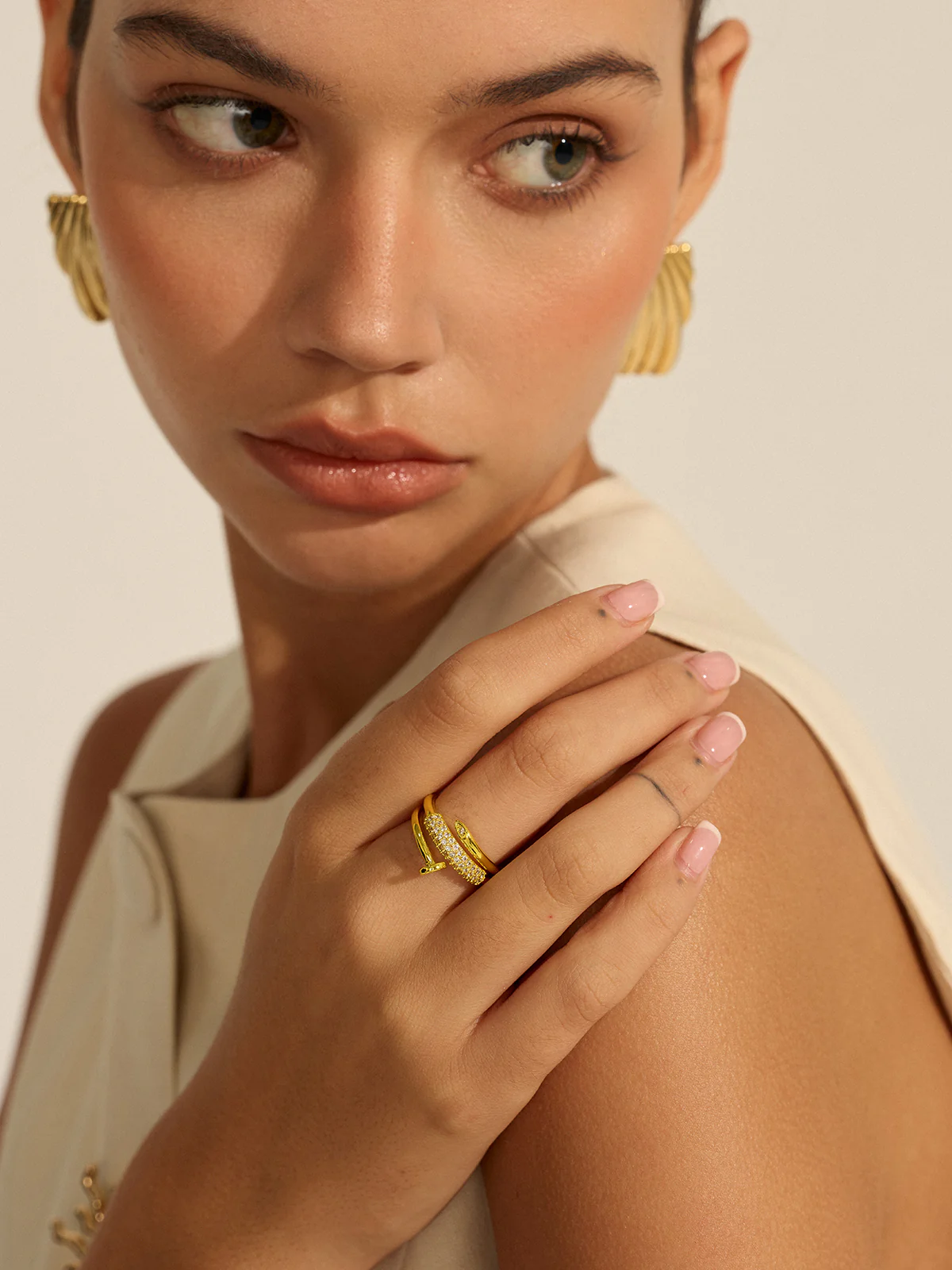 Gold Toned Stack Ring with Diamond-Like Details - Image 2