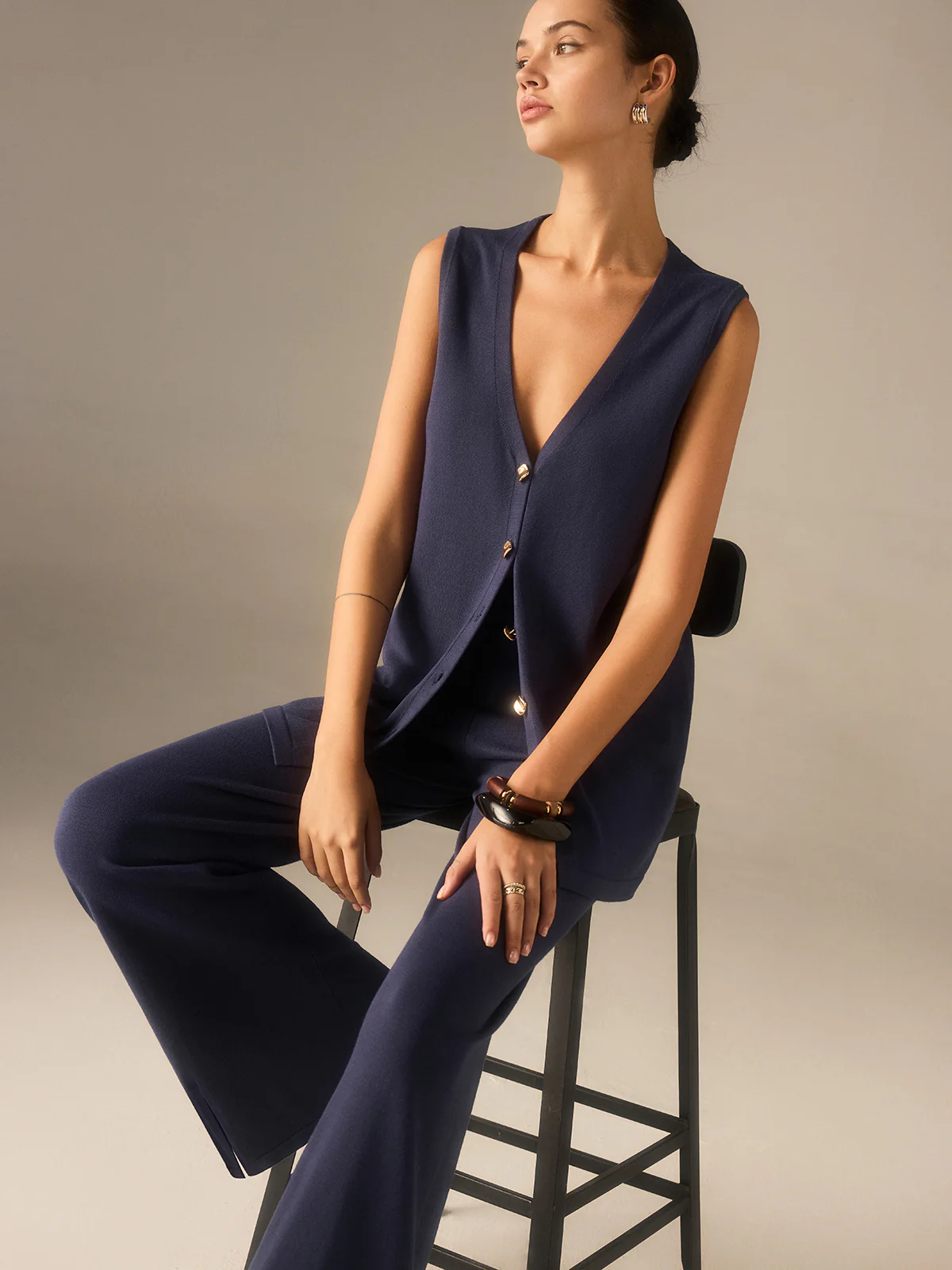 Golden Button Knit Vest Pants Set - Image 4
