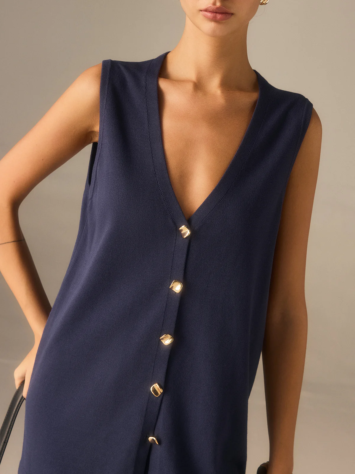 Golden Button Knit Vest Pants Set - Image 6
