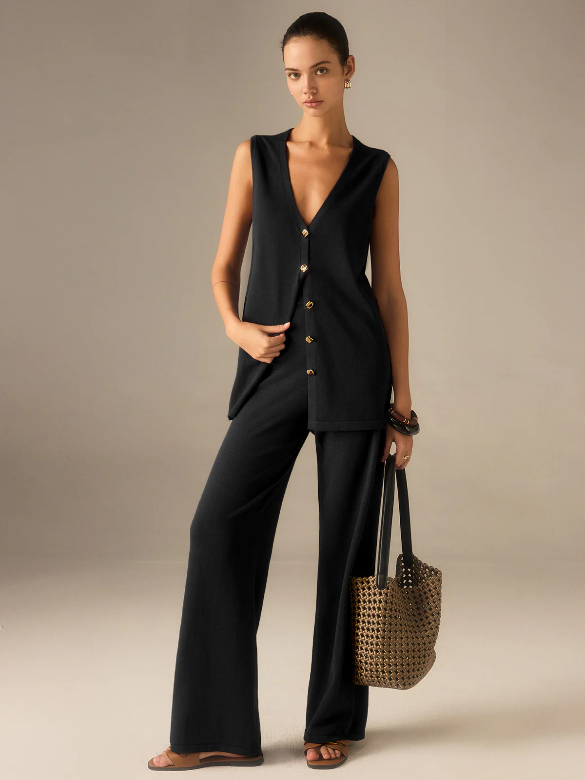 Golden Button Knit Vest Pants Set - Image 9