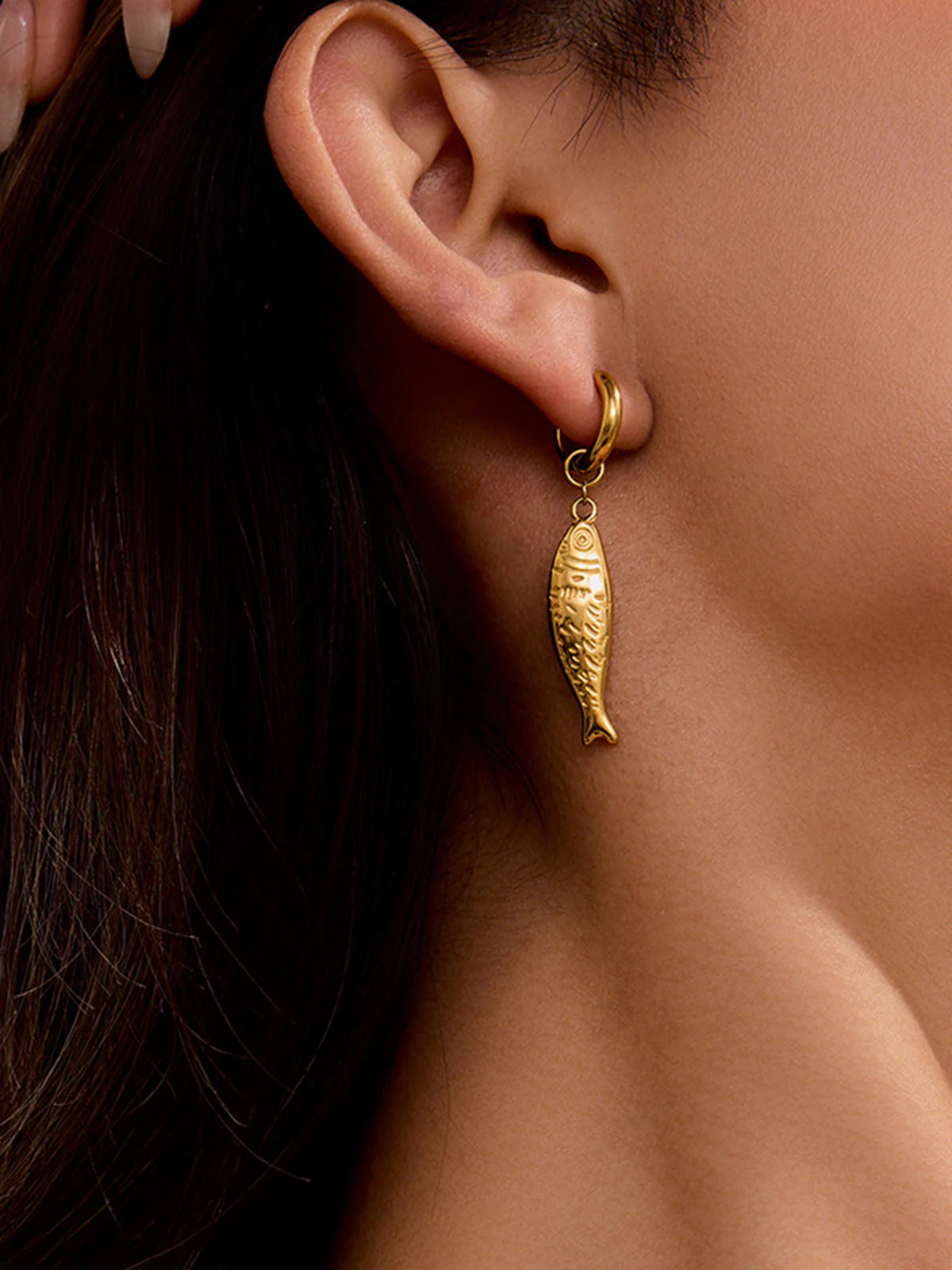 Golden Fish Charm Drop Earrings - Image 2
