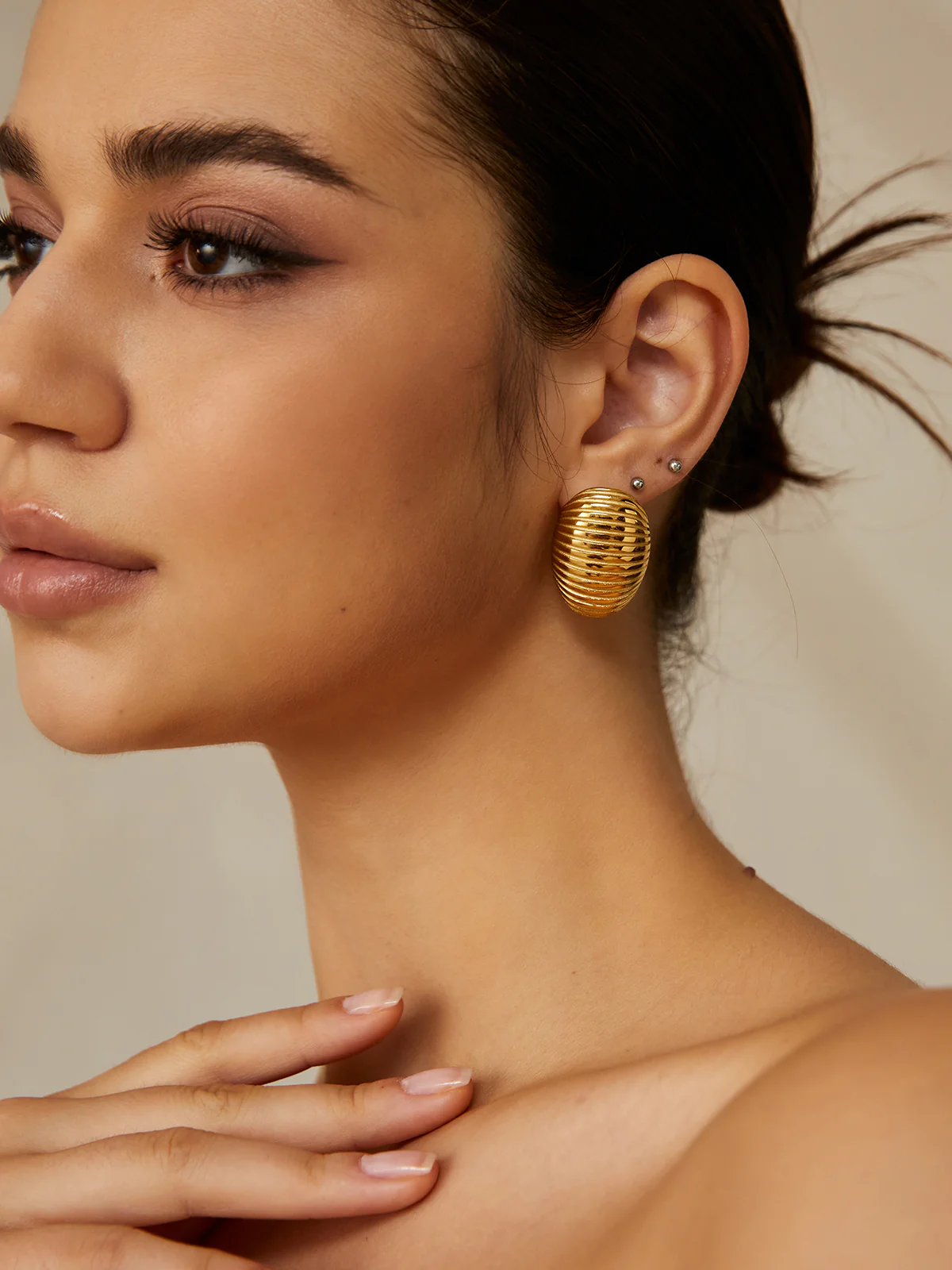 Golden Ribbed Half-Hoop Earrings - Image 3