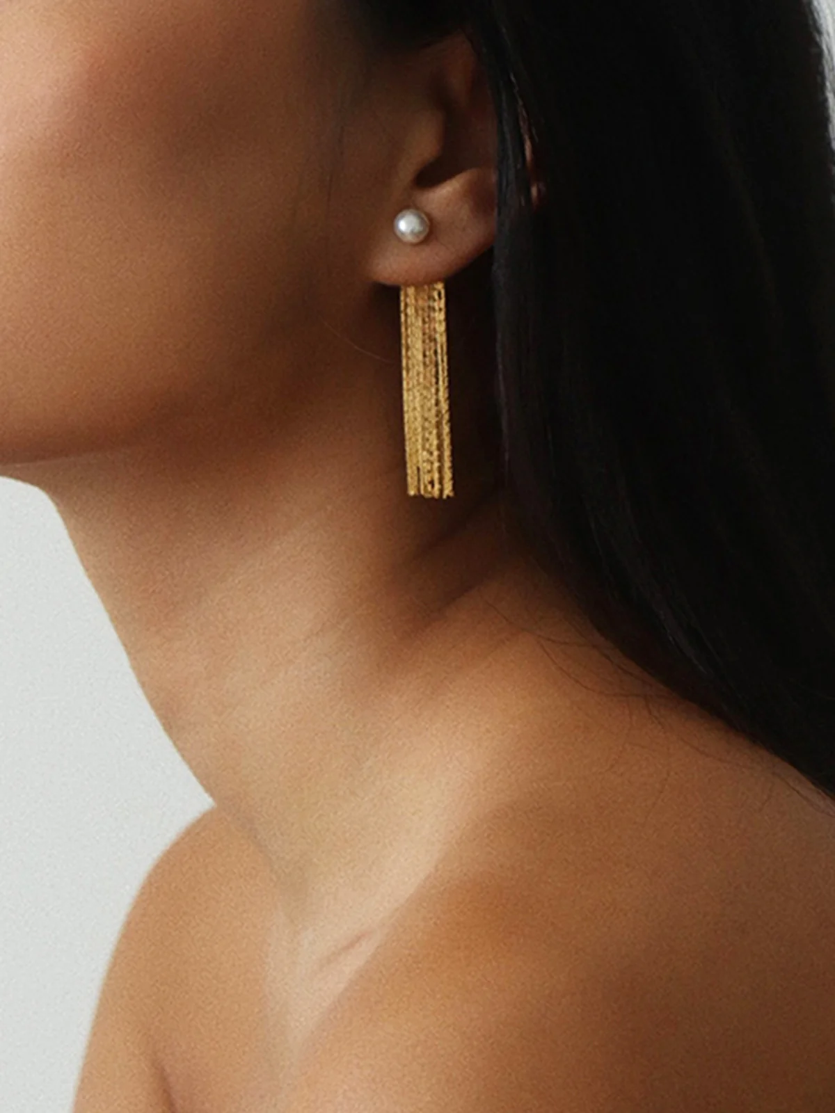 Golden Tassel Pearl Stud Earrings - Image 2