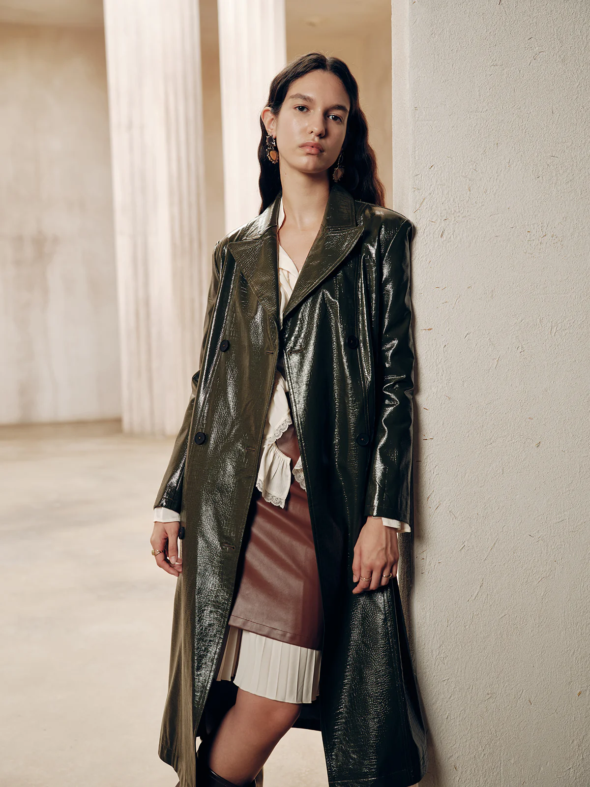 Gradient Double-Breasted Belted PU Leather Coat - Image 2