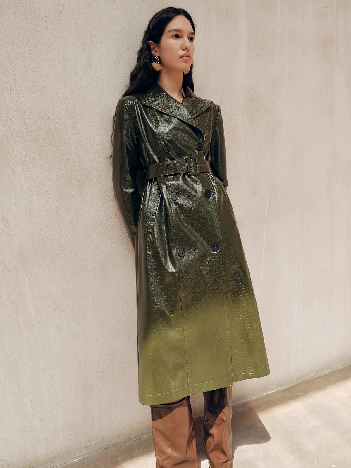 Gradient Double-Breasted Belted PU Leather Coat - Image 4