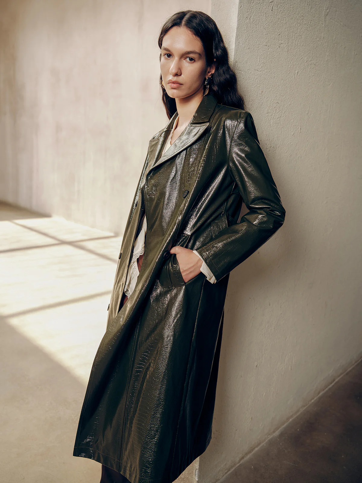 Gradient Double-Breasted Belted PU Leather Coat - Image 5
