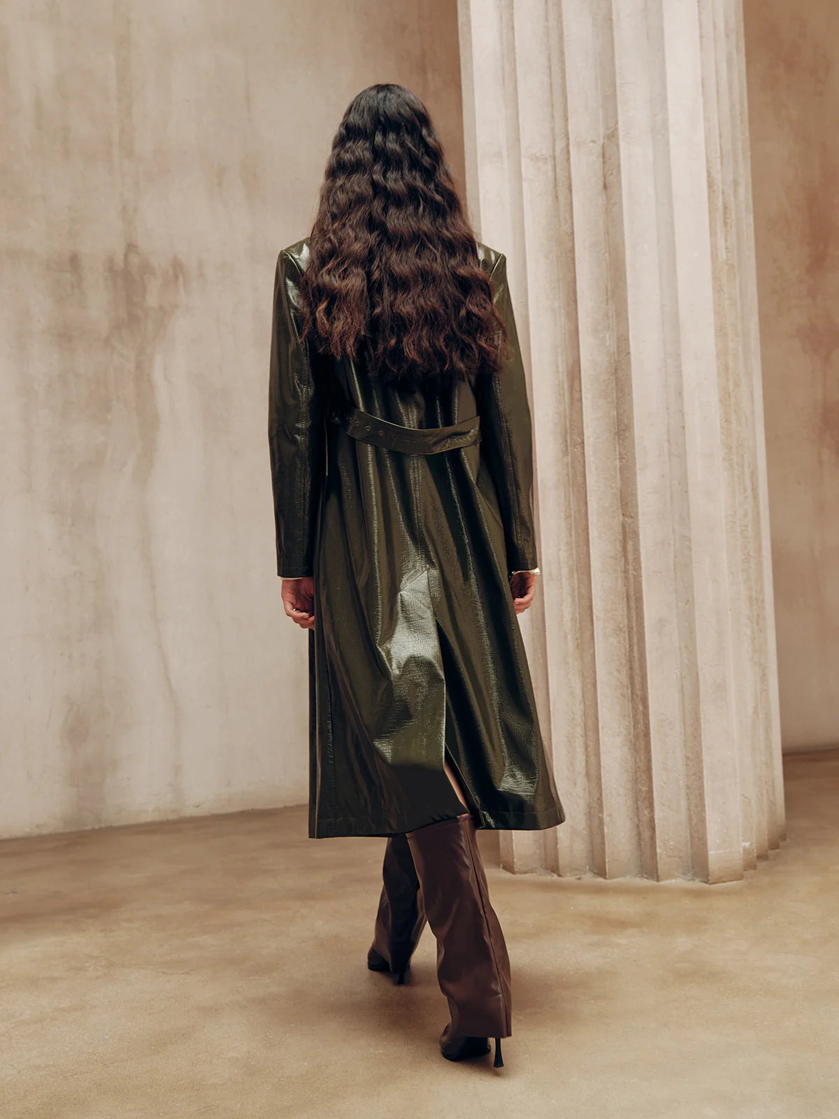 Gradient Double-Breasted Belted PU Leather Coat - Image 6
