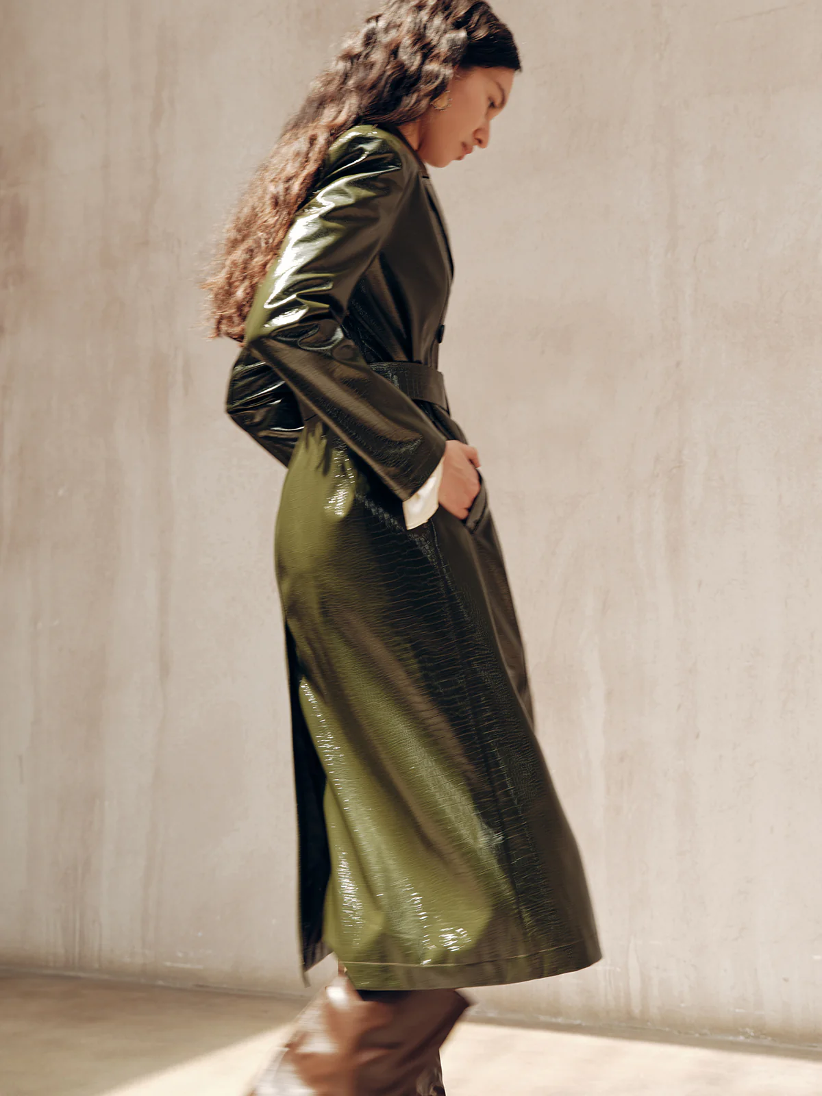 Gradient Double-Breasted Belted PU Leather Coat - Image 7